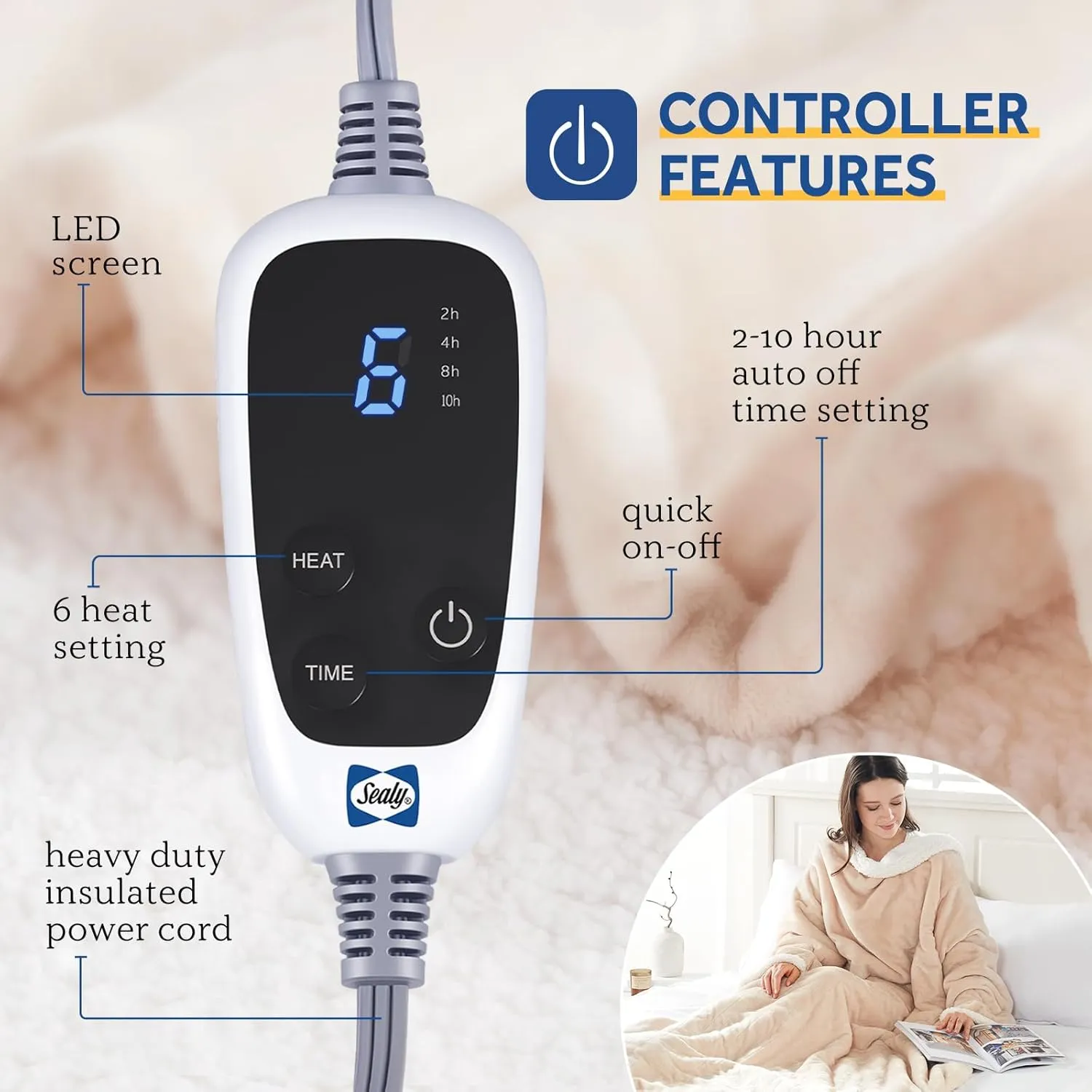 Sealy Electric Blanket Wearable with Foot Pocket, Electric Snuggle Blanket with Sleeves, Flannel & Sherpa Heating Throw with 6 Heat Settings & 2-10 Hours Auto Shut Off, 50 * 70" 18" Beige