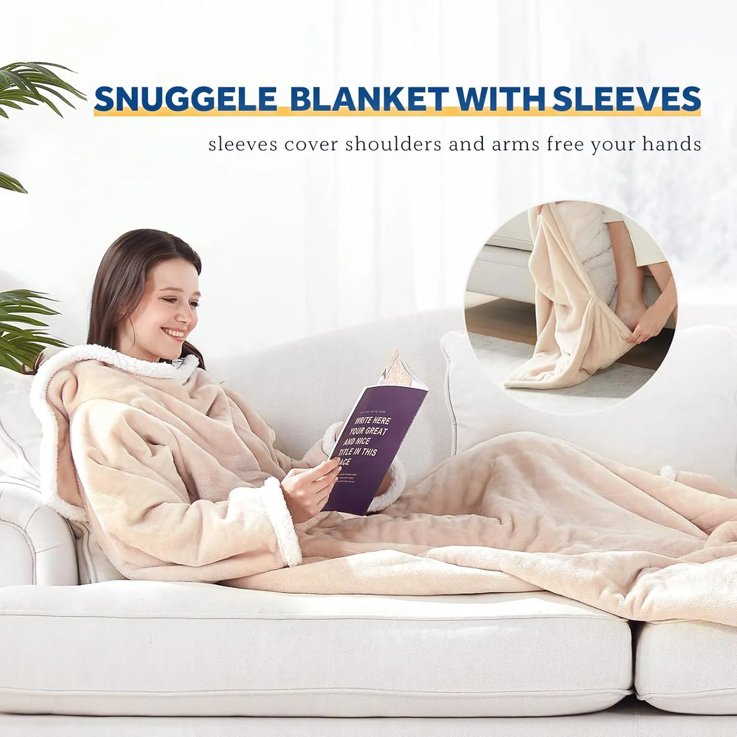 Sealy Electric Blanket Wearable with Foot Pocket, Electric Snuggle Blanket with Sleeves, Flannel & Sherpa Heating Throw with 6 Heat Settings & 2-10 Hours Auto Shut Off, 50 * 70" 18" Beige