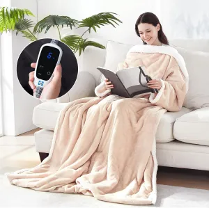 Sealy Electric Blanket Wearable with Foot Pocket, Electric Snuggle Blanket with Sleeves, Flannel & Sherpa Heating Throw with 6 Heat Settings & 2-10 Hours Auto Shut Off, 50 * 70" 18" Beige
