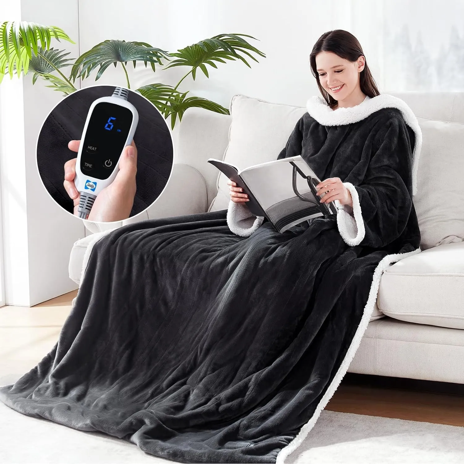 Sealy Electric Blanket Wearable with Foot Pocket, Electric Snuggle Blanket with Sleeves, Flannel & Sherpa Heating Throw with 6 Heat Settings & 2-10 Hours Auto Shut Off, 50 * 70" 18", Dark Grey