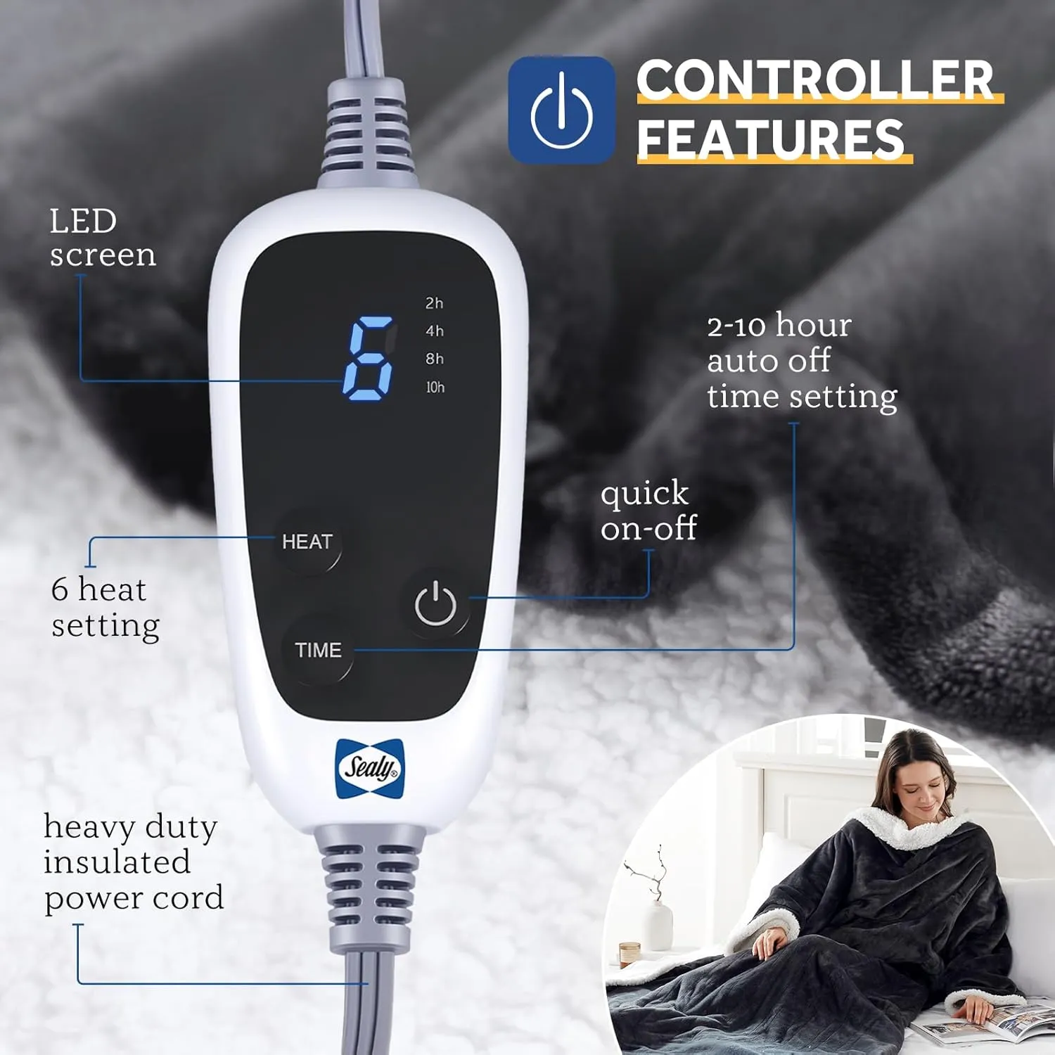 Sealy Electric Blanket Wearable with Foot Pocket, Electric Snuggle Blanket with Sleeves, Flannel & Sherpa Heating Throw with 6 Heat Settings & 2-10 Hours Auto Shut Off, 50 * 70" 18", Dark Grey