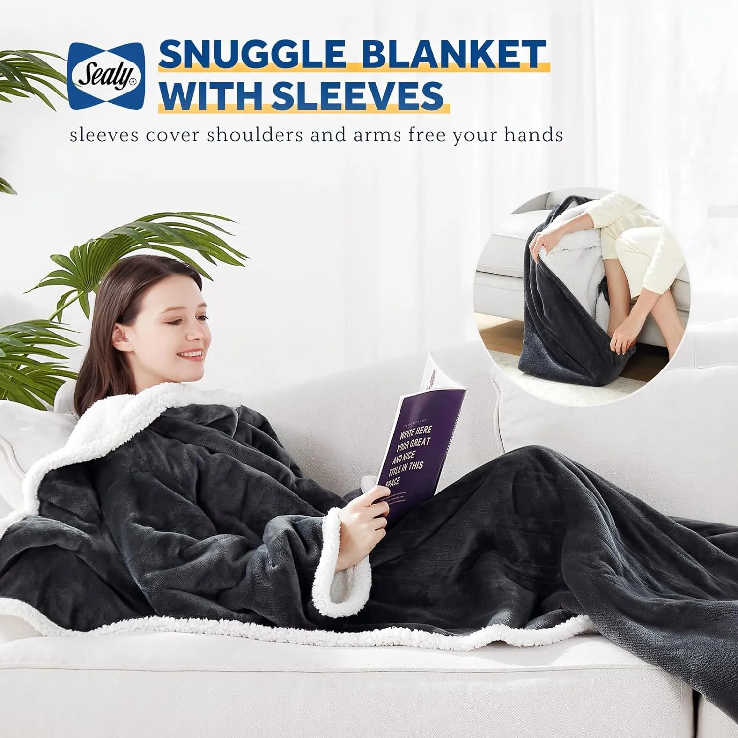 Sealy Electric Blanket Wearable with Foot Pocket, Electric Snuggle Blanket with Sleeves, Flannel & Sherpa Heating Throw with 6 Heat Settings & 2-10 Hours Auto Shut Off, 50 * 70" 18", Dark Grey