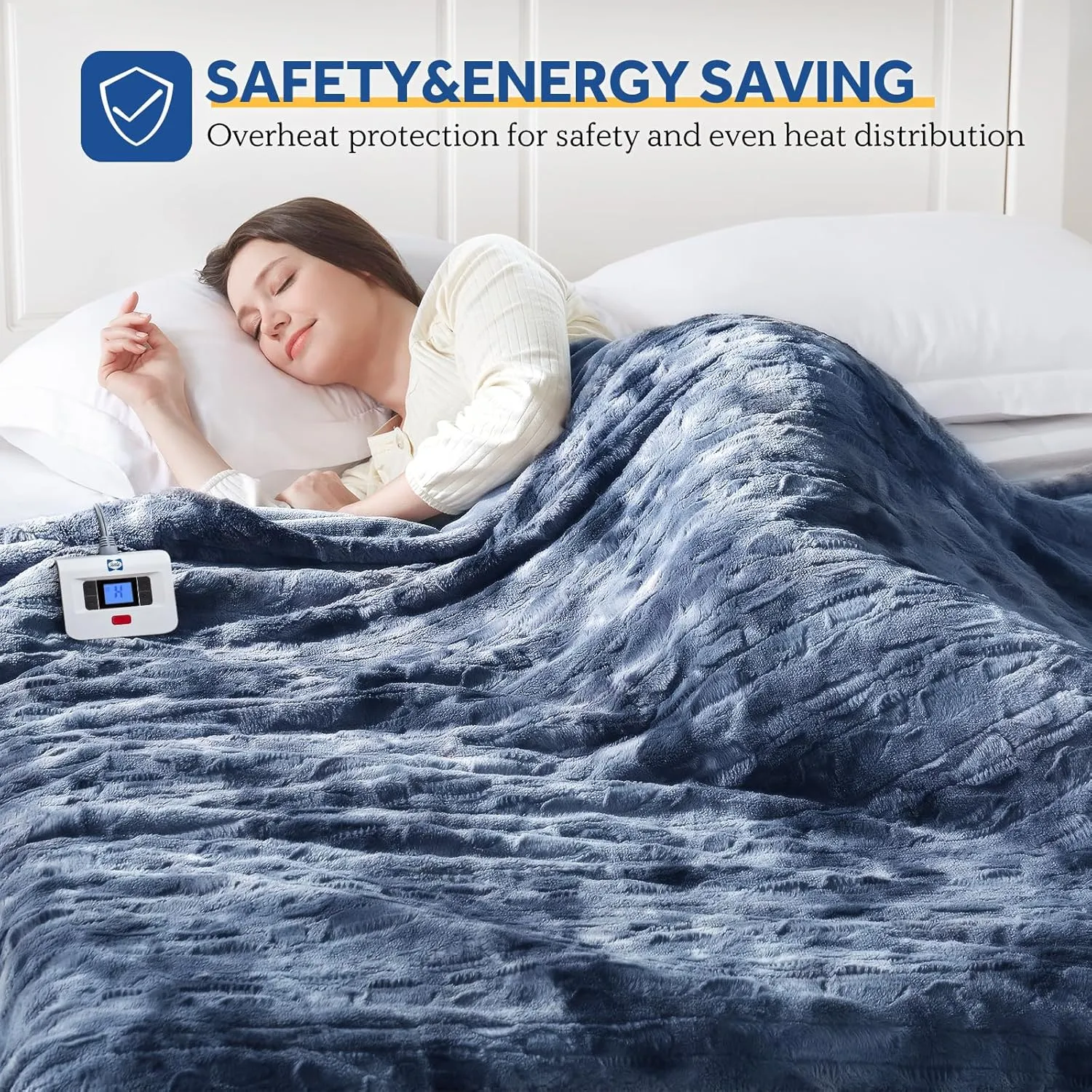 Sealy Electric Heated Blanket Queen Size, Faux Fur & Flannel Fast Heating Blanket with 10 Heat Setting & 1-12 Hour Auto Shut Off, Machine Washable, Navy Blue, 84 x 90 Inch