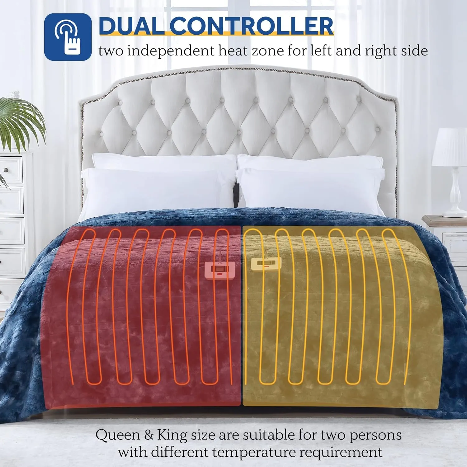 Sealy Electric Heated Blanket Queen Size, Faux Fur & Flannel Fast Heating Blanket with 10 Heat Setting & 1-12 Hour Auto Shut Off, Machine Washable, Navy Blue, 84 x 90 Inch