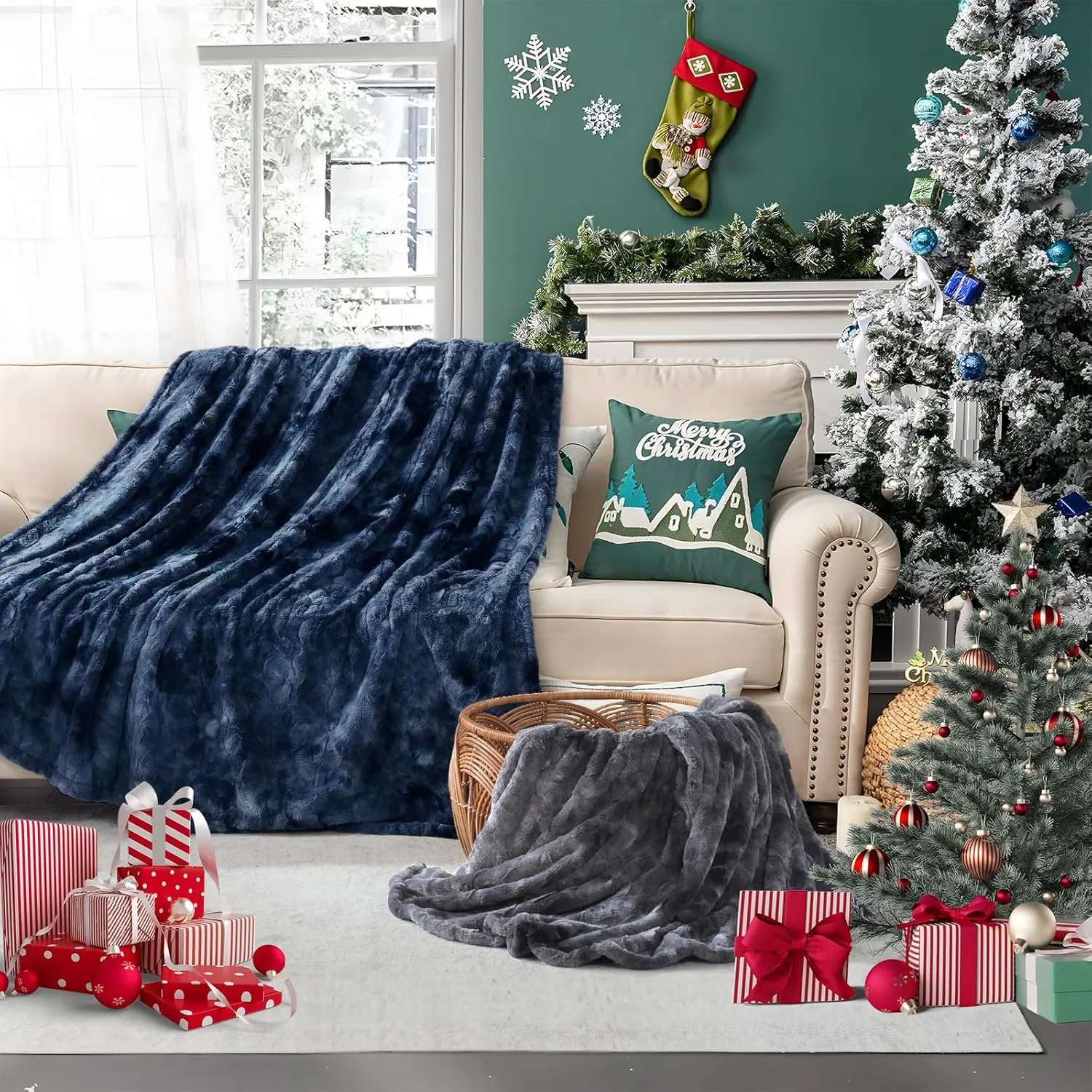 Sealy Electric Heated Blanket Queen Size, Faux Fur & Flannel Fast Heating Blanket with 10 Heat Setting & 1-12 Hour Auto Shut Off, Machine Washable, Navy Blue, 84 x 90 Inch