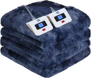 Sealy Electric Heated Blanket Queen Size, Faux Fur & Flannel Fast Heating Blanket with 10 Heat Setting & 1-12 Hour Auto Shut Off, Machine Washable, Navy Blue, 84 x 90 Inch