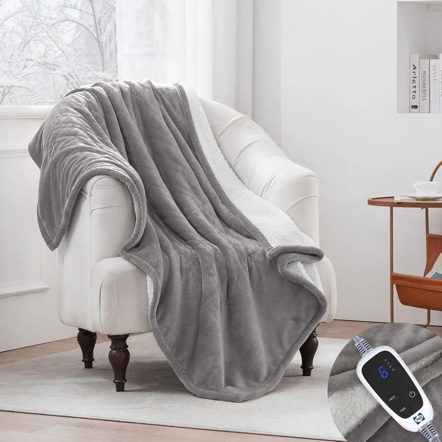 Sealy Electric Throw Blanket, Flannel & Sherpa Heated Throw with 6 Heating Levels & 2-10 Hours Auto Shut Off, Fast Heating & Machine Washable, 50x60 Inch, Light Grey