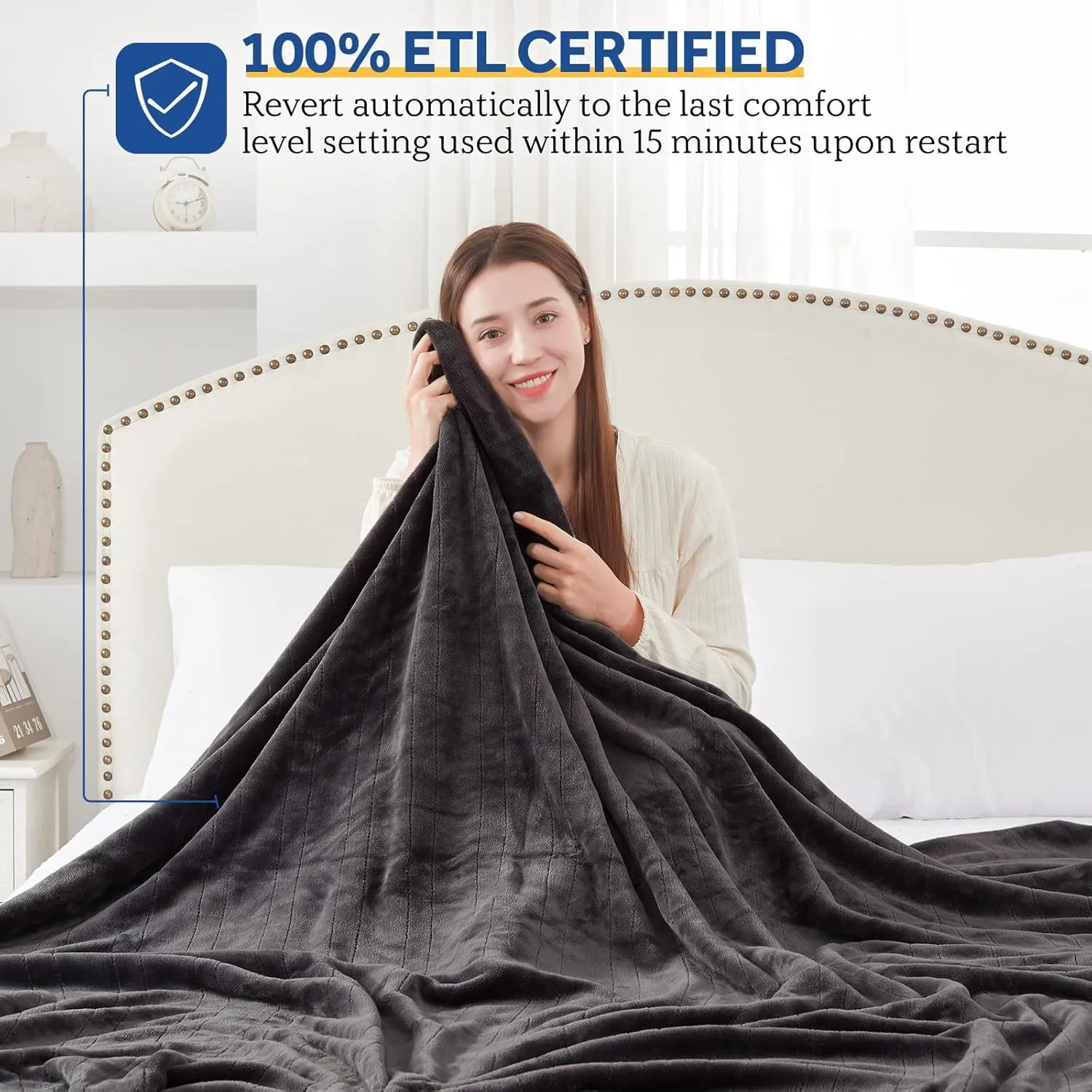 Sealy Heated Electric Blanket Twin Size, Flannel Electric Blanket with 10 Heating Levels & 1-12 Hours Auto Shut Off, Fast Heating Warming Blanket, Machine Washable, Grey, 62 x 84 Inch