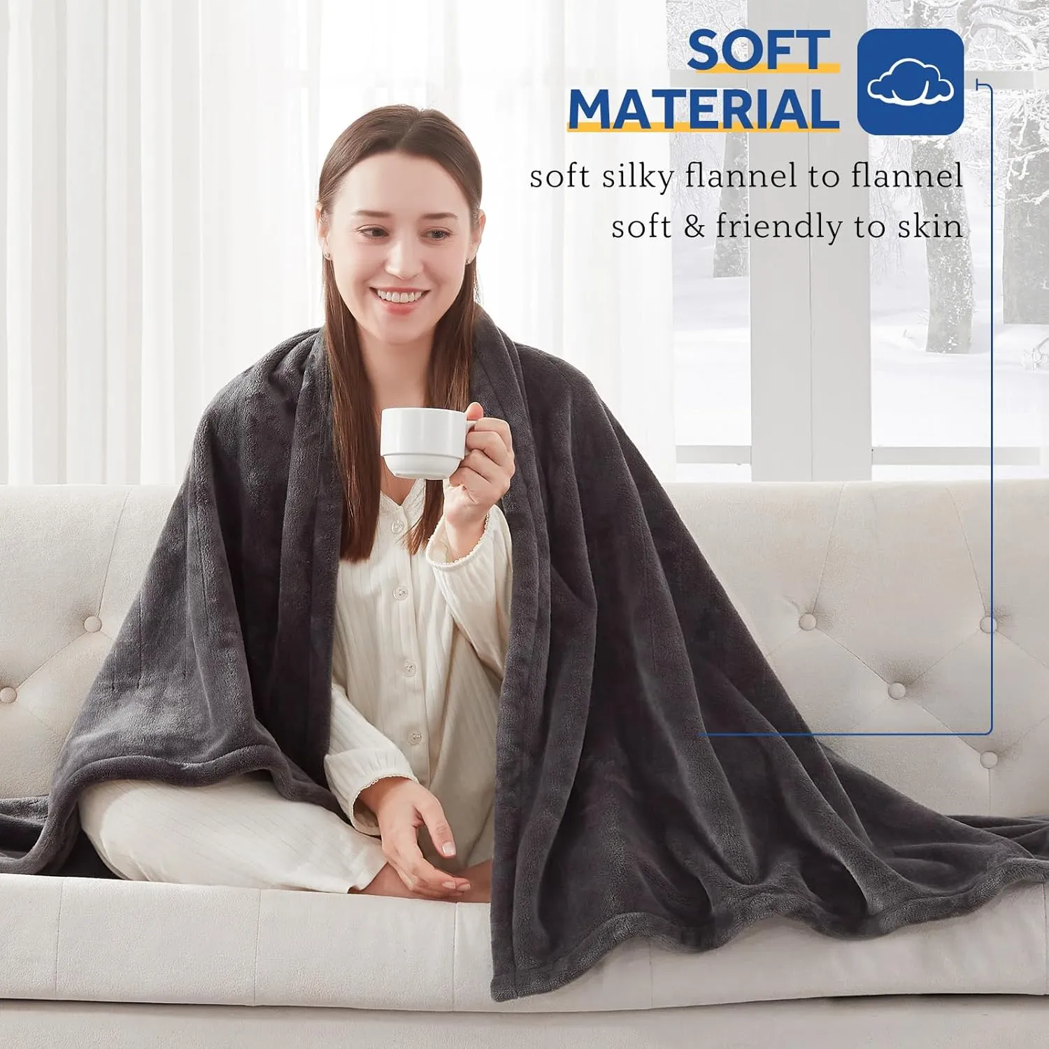 Sealy Heated Electric Blanket Twin Size, Flannel Electric Blanket with 10 Heating Levels & 1-12 Hours Auto Shut Off, Fast Heating Warming Blanket, Machine Washable, Grey, 62 x 84 Inch