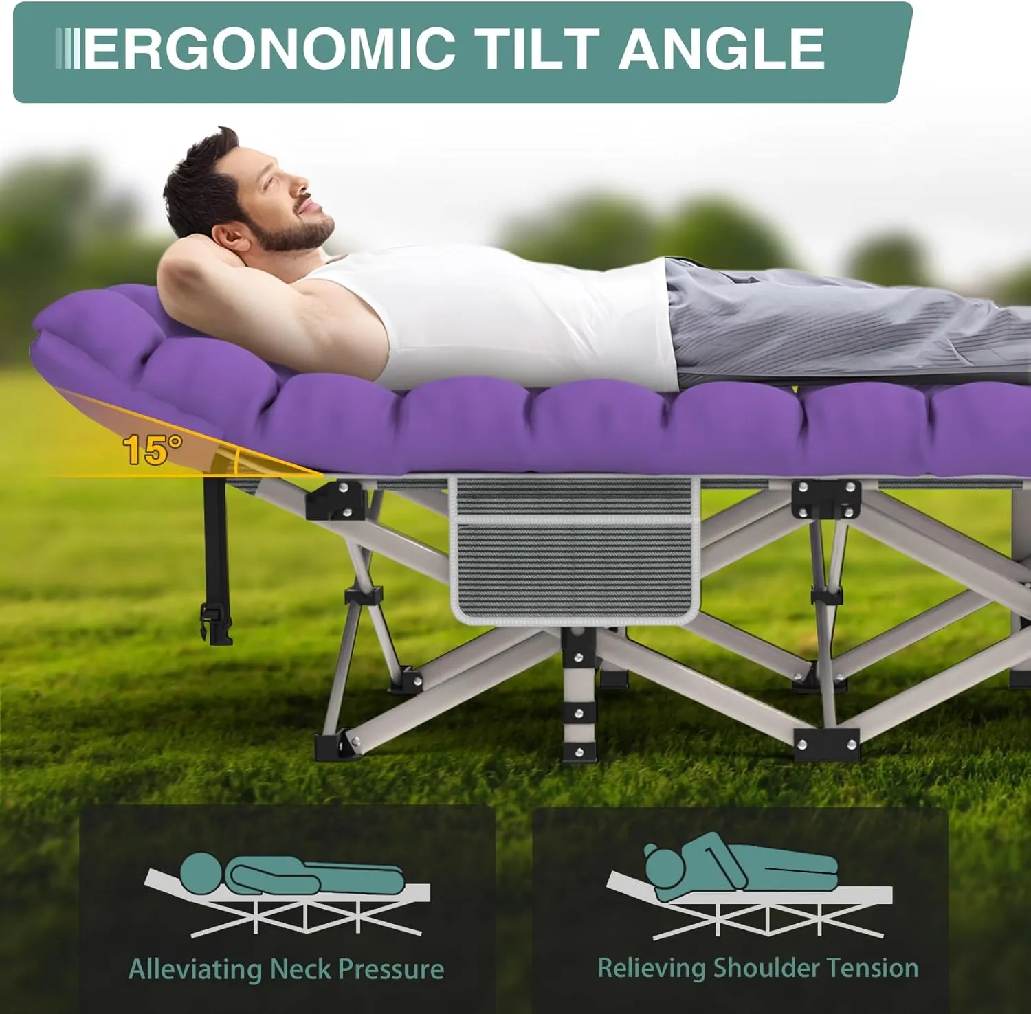 Seeutek Folding Camping Cot for Adults with Carry Bag, Portable Bed with Detachable Cushion, Waterproof 1200D Oxford Fabric, Cot Bed for Camping, Hunting, Lounging, Camping Cots, Gray Cot & Purple Pad