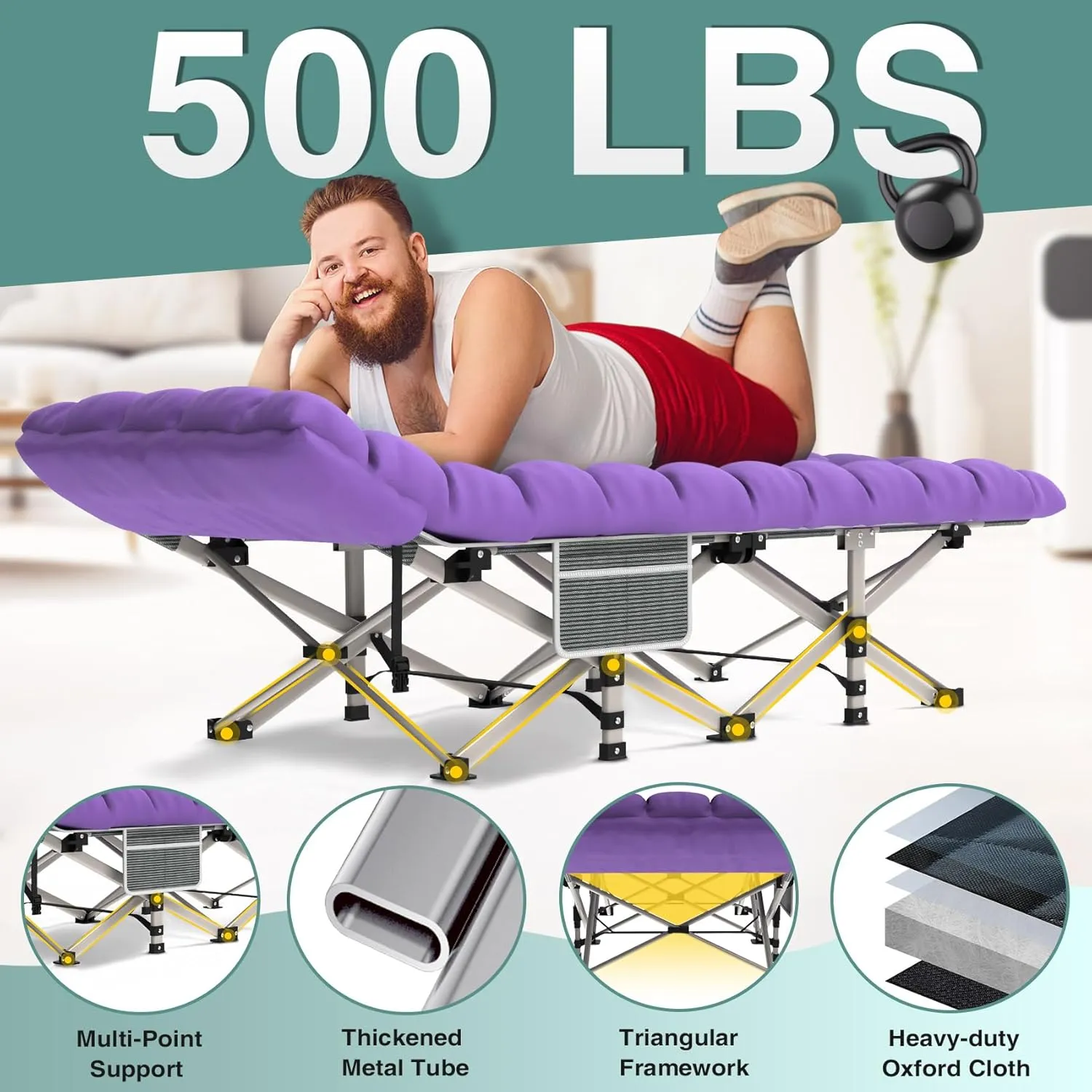 Seeutek Folding Camping Cot for Adults with Carry Bag, Portable Bed with Detachable Cushion, Waterproof 1200D Oxford Fabric, Cot Bed for Camping, Hunting, Lounging, Camping Cots, Gray Cot & Purple Pad