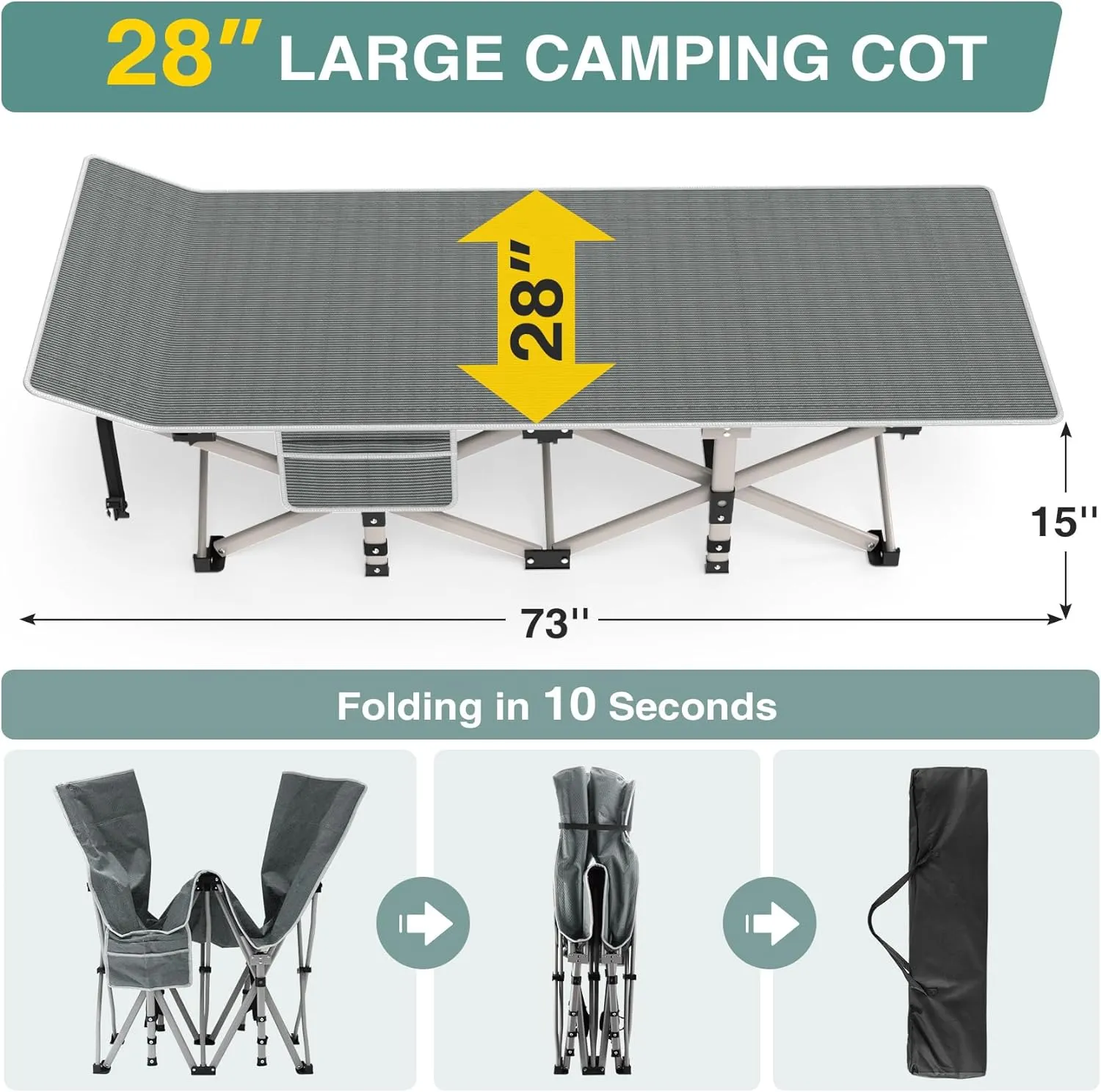 Seeutek Folding Camping Cot for Adults with Carry Bag, Portable Bed with Detachable Cushion, Waterproof 1200D Oxford Fabric, Cot Bed for Camping, Hunting, Lounging, Camping Cots, Gray Cot & Purple Pad