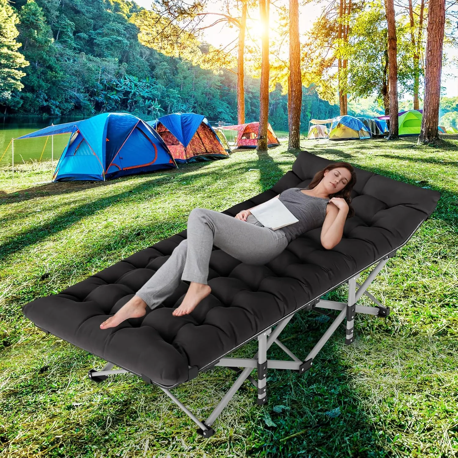 Seeutek Folding Camping Cot for Adults with Carry Bag, Portable Bed with Detachable Cushion, Waterproof 1200D Oxford Fabric, Cot Bed for Camping, Hunting, Lounging, Camping Cots