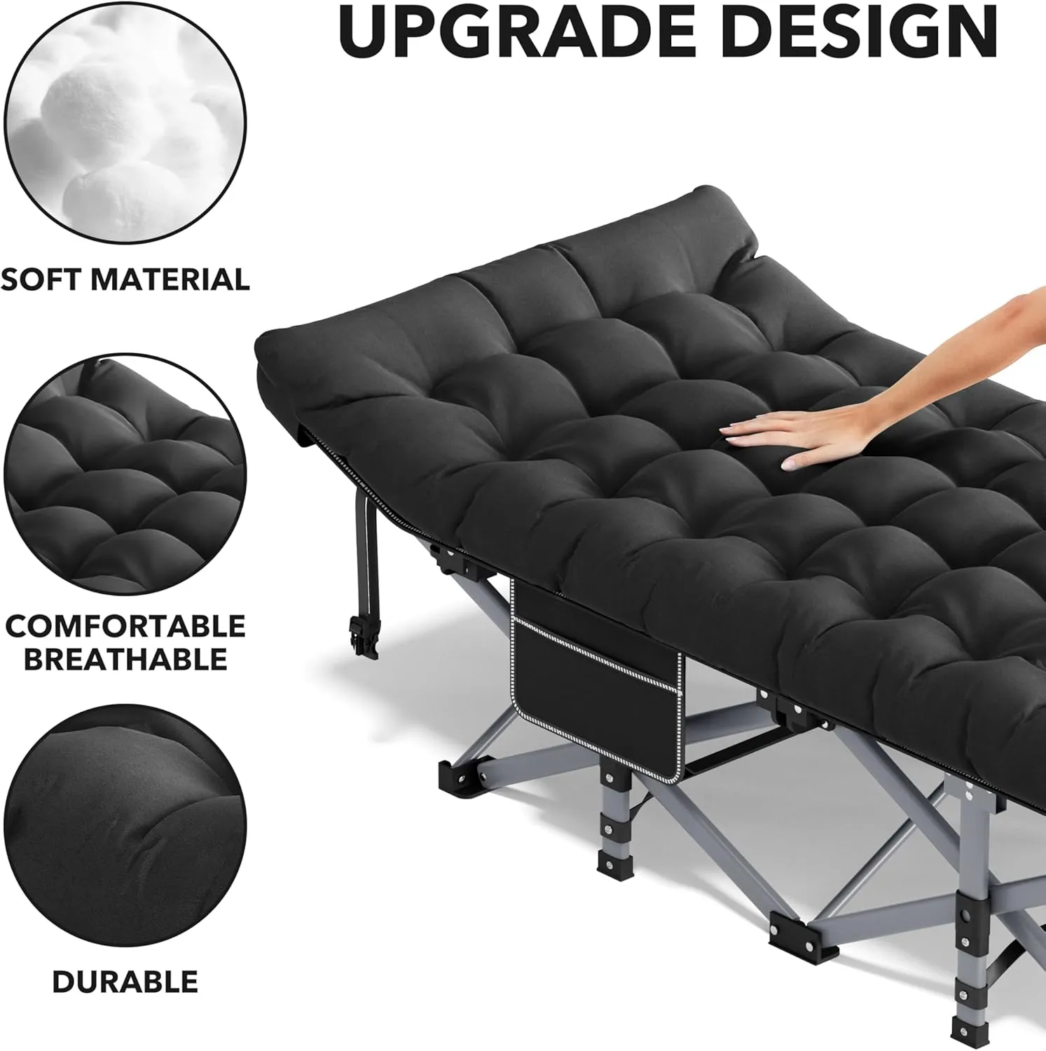 Seeutek Folding Camping Cot for Adults with Carry Bag, Portable Bed with Detachable Cushion, Waterproof 1200D Oxford Fabric, Cot Bed for Camping, Hunting, Lounging, Camping Cots