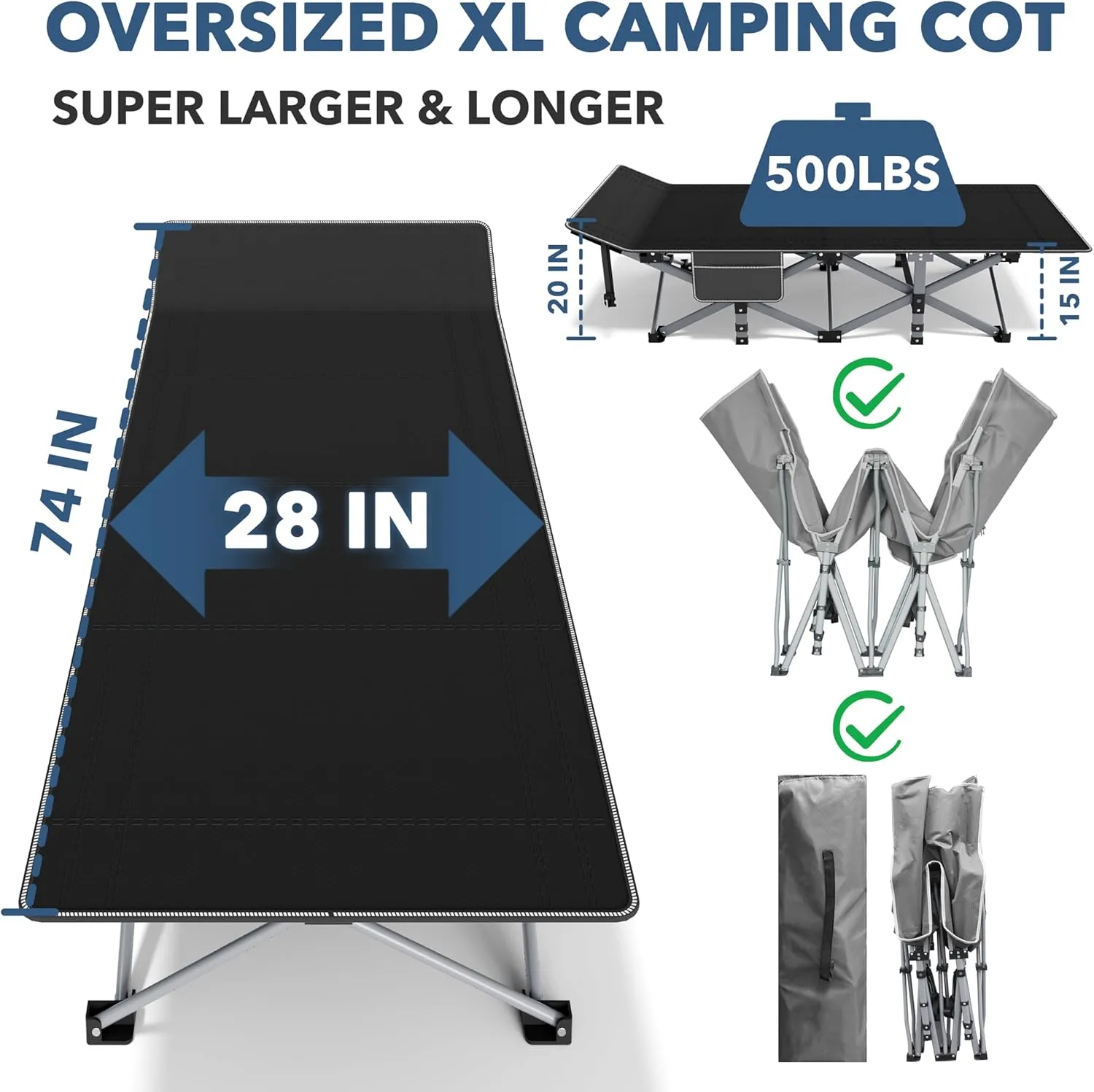 Seeutek Folding Camping Cot for Adults with Carry Bag, Portable Bed with Detachable Cushion, Waterproof 1200D Oxford Fabric, Cot Bed for Camping, Hunting, Lounging, Camping Cots