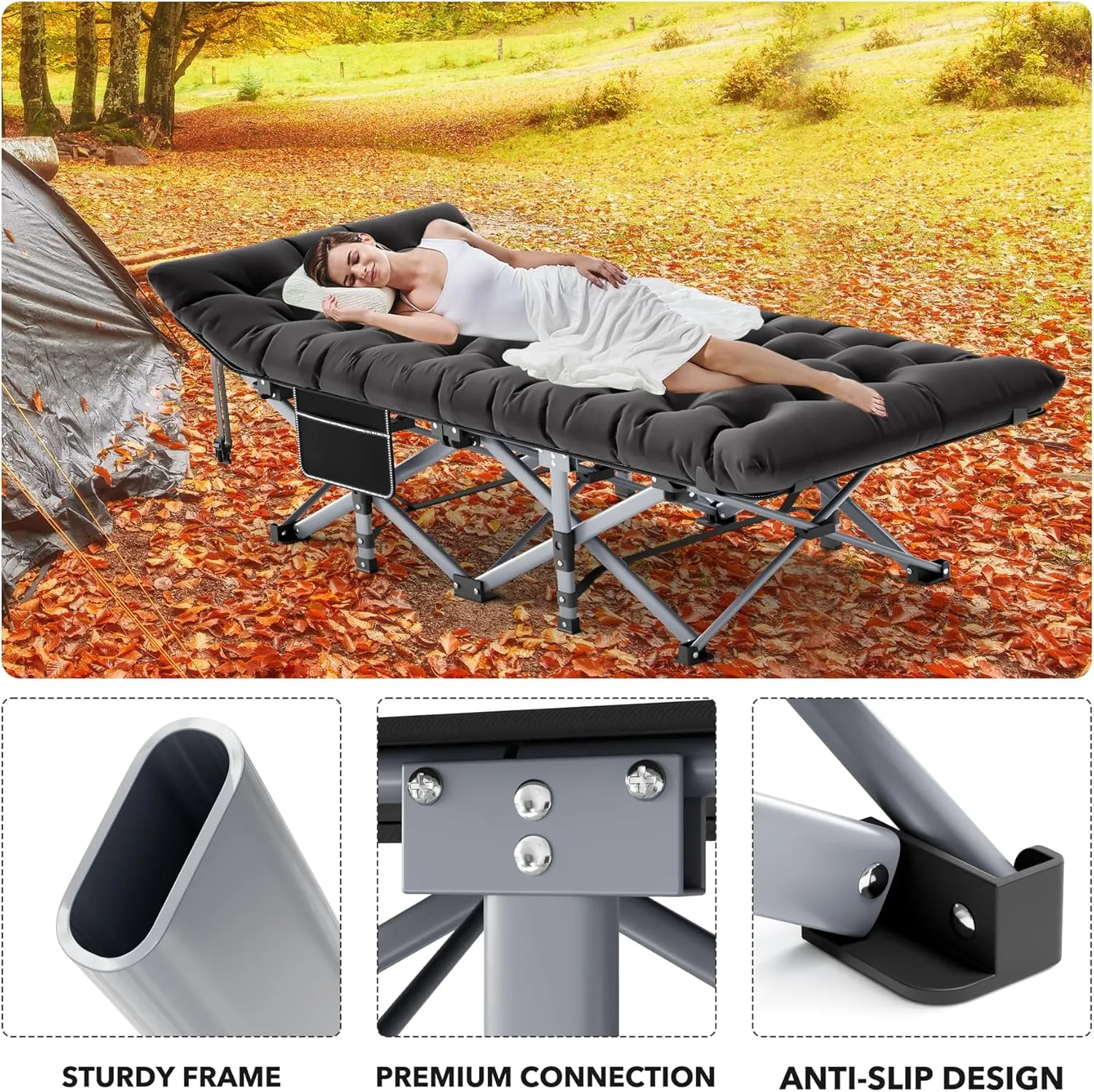 Seeutek Folding Camping Cot for Adults with Carry Bag, Portable Bed with Detachable Cushion, Waterproof 1200D Oxford Fabric, Cot Bed for Camping, Hunting, Lounging, Camping Cots