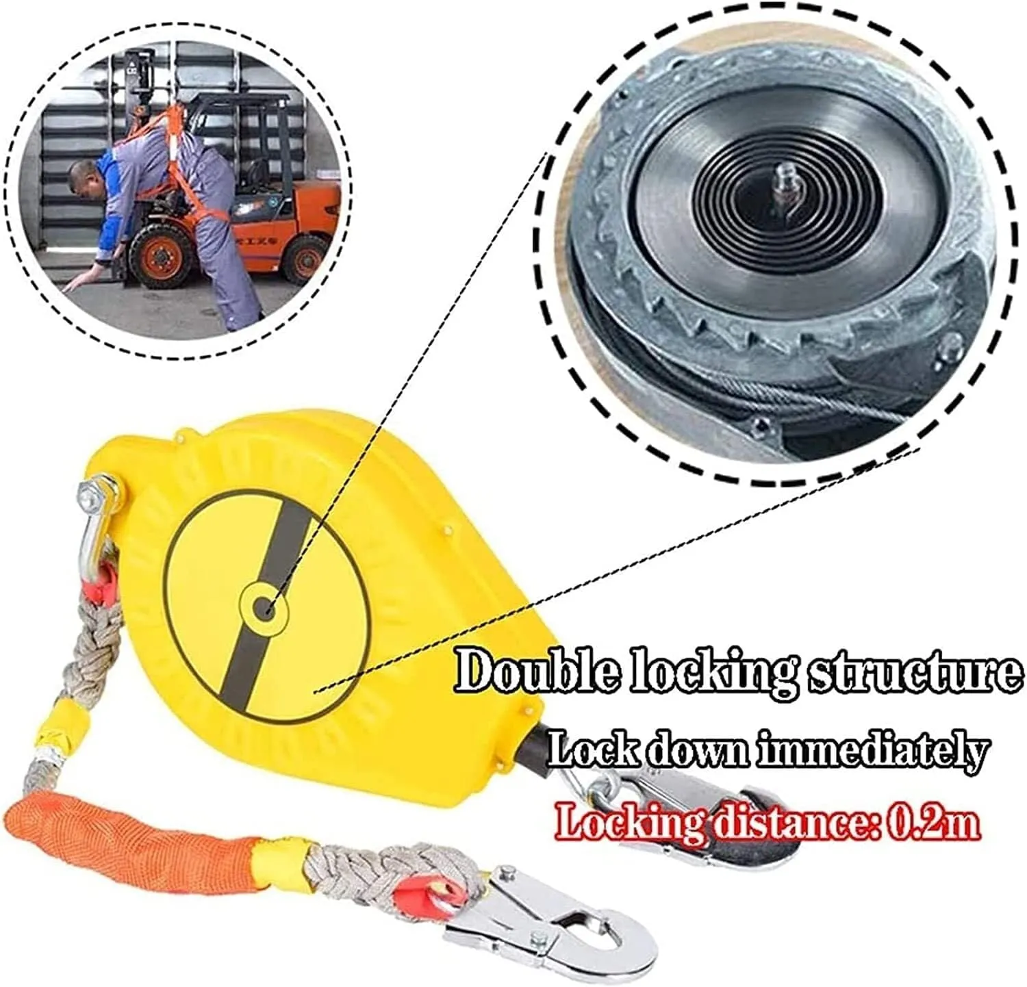 Self-Retracting Lifeline Fall Protection Kit for Roofing & Construction, 15m Safety Lanyard with Steel Self-Locking Hook & Connector, Max Load 150kg