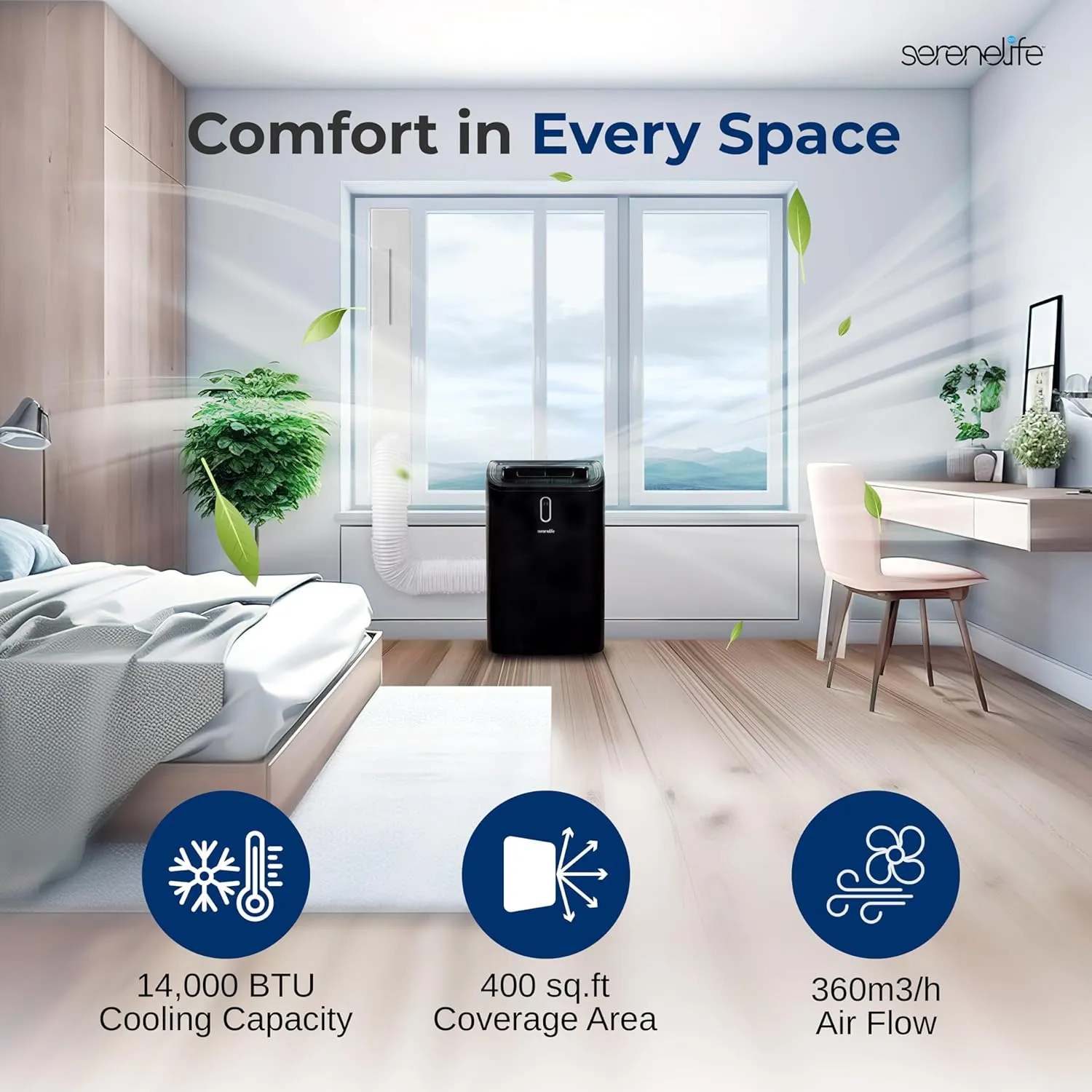 SereneLife 14000 BTU Portable Air Conditioner - 3-in-1 Compact Standing Air Conditioner for Room Up to 400 Sq. Ft. - Floor AC Unit with Remote Control - Universal Casters, Window Mount Kit