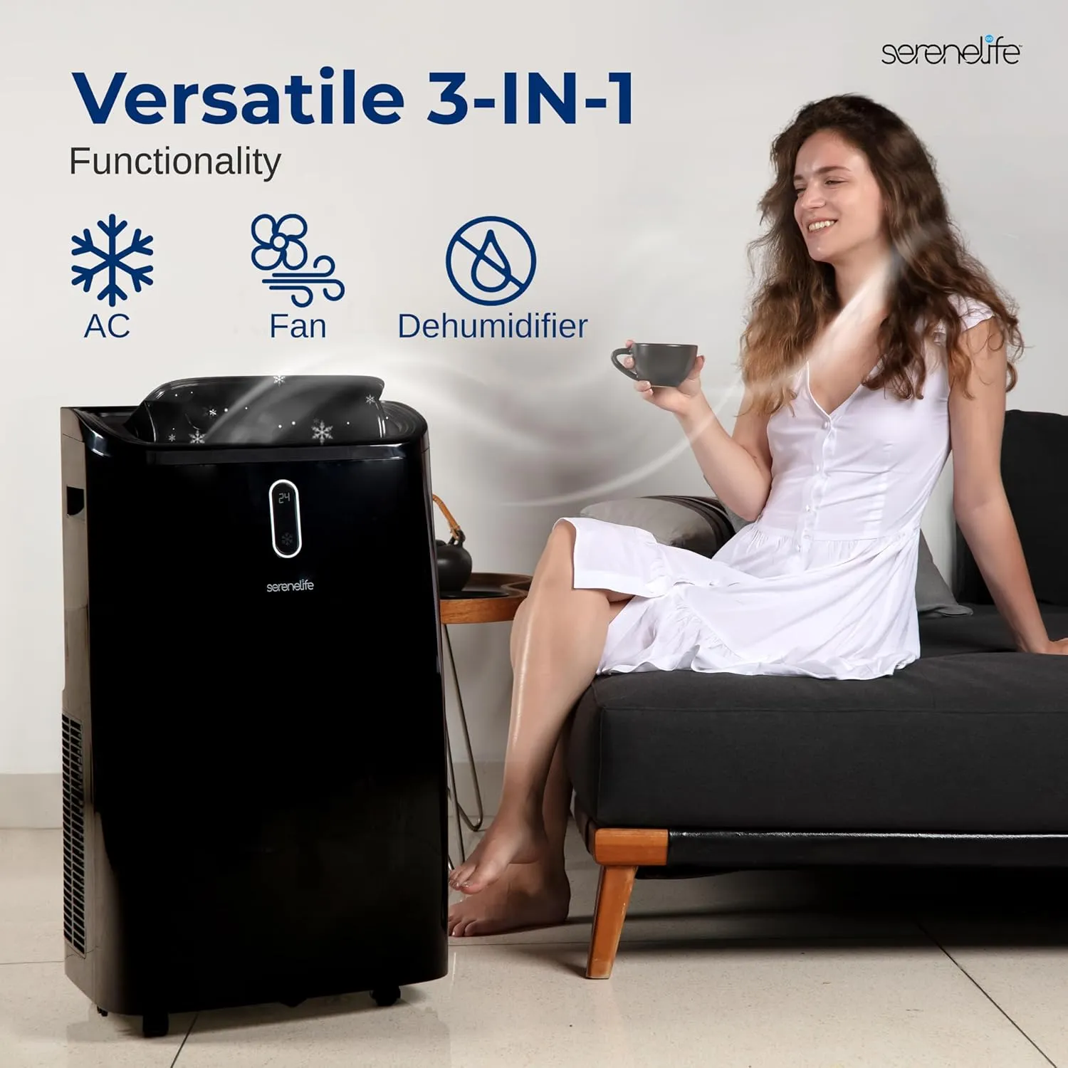 SereneLife 14000 BTU Portable Air Conditioner - 3-in-1 Compact Standing Air Conditioner for Room Up to 400 Sq. Ft. - Floor AC Unit with Remote Control - Universal Casters, Window Mount Kit
