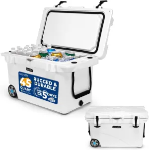 SereneLife 45QT Portable Cooler with Wheels – Large Camping Cooler Holds 63 Cans, 5-Day Ice Retention, Drain Plug, 2-Way Handles, Heavy Duty with Hinged Lid for Beach, Travel & Outdoor Use