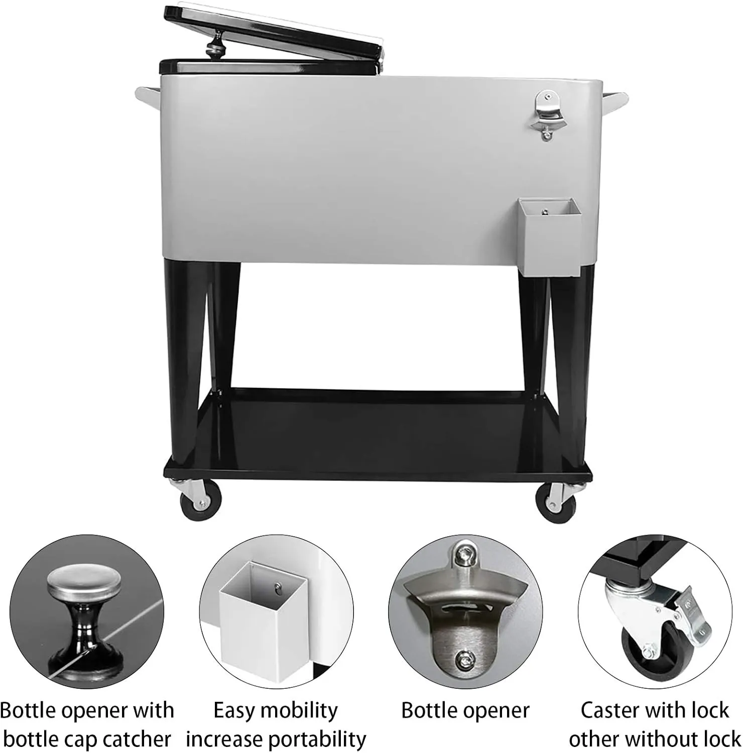 SHAREWIN 80 QT Rolling Cooler Cart Ice Chest for Outdoor Patio Deck Party Portable Party Bar Cold Drink Beverage Cart Tub, Backyard Cooler Trolley on Wheels with Shelf, Bottle Opener