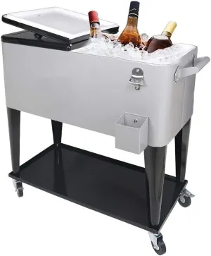 SHAREWIN 80 QT Rolling Cooler Cart Ice Chest for Outdoor Patio Deck Party Portable Party Bar Cold Drink Beverage Cart Tub, Backyard Cooler Trolley on Wheels with Shelf, Bottle Opener