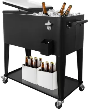 SHAREWIN 80QT Rolling Cooler Cart with Wheels, Ice Chest Outdoor Backyard Coolers on Wheels with Large Storage Space, Portable Drink Beverage Bar for Patio Pool Party with Shelf and Bottle Opener