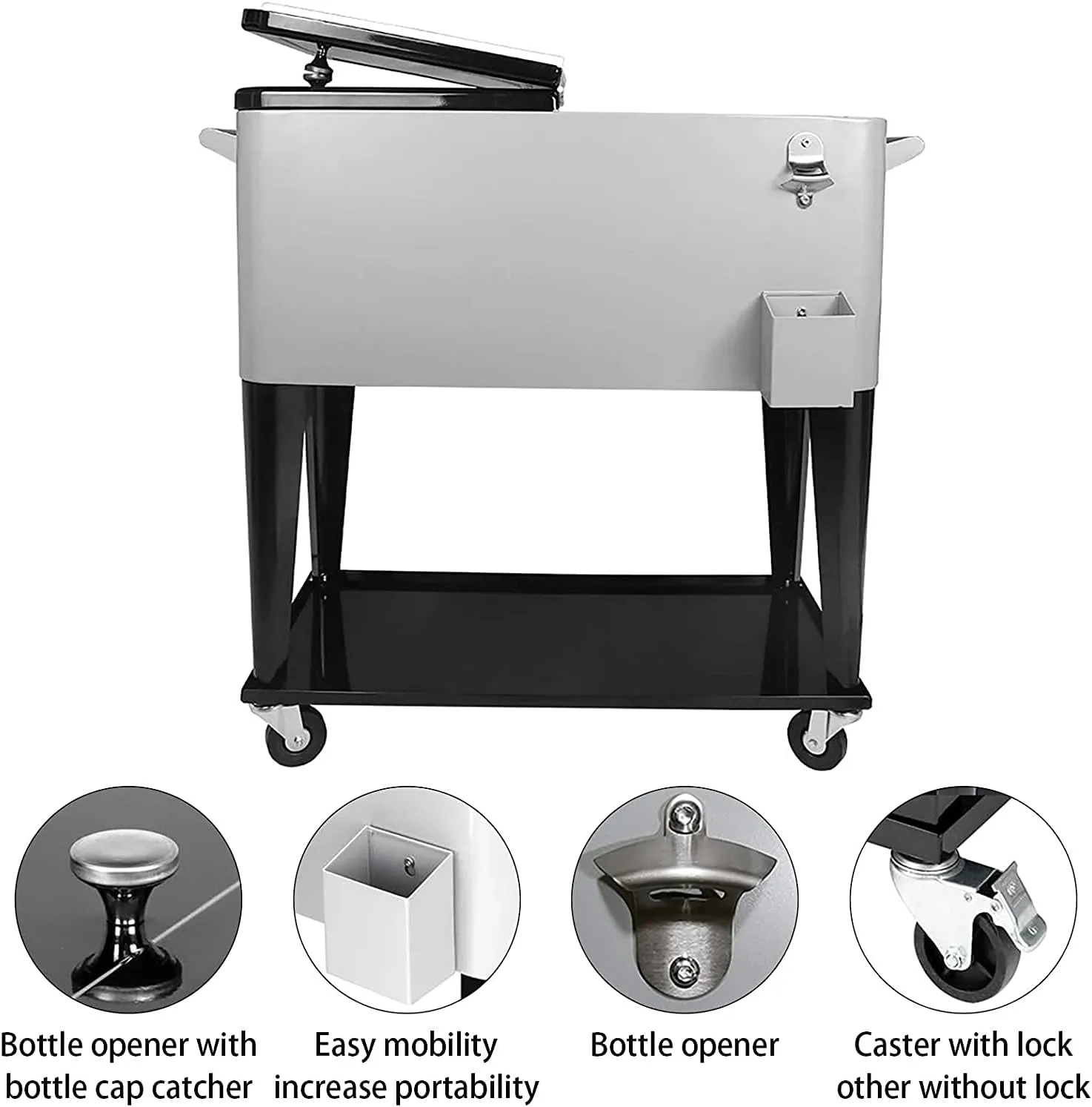 SHAREWIN 80QT Rolling Cooler Cart with Wheels, Ice Chest Outdoor Backyard Coolers on Wheels with Large Storage Space, Portable Drink Beverage Bar for Patio Pool Party with Shelf and Bottle Opener