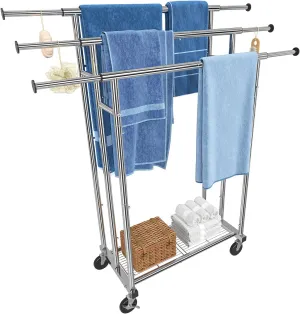Simple Trending 48" H Free Standing Towel Rack with Storage Shelf for Bathroom, Metal Extendable Blanket Rack Holder, 46.5" L x 16.25" W x 48" H, Chrome