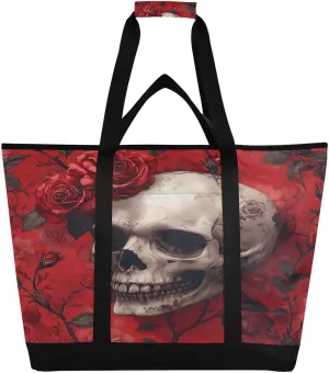 Skull and Roses Reusable Insulated Lunchbox Cooler Bag, Leakproof Kitchen Grocery Bag Collapsible Portable Cooler Tote Bag for Picnic, Camping, Office, Travel