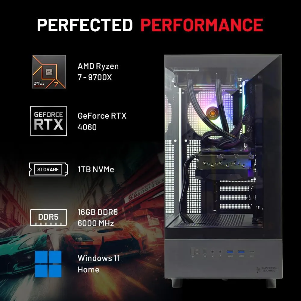 Skytech Azure Gaming PC Desktop, Ryzen 7 9700X 3.8 GHz (5.5GHz Turbo Boost), NVIDIA RTX 4060 8GB GDDR6, 1TB SSD, 16GB DDR5 RAM 6000, 650W Gold PSU, 360mm ARGB AIO, Wi-Fi, Win 11 Home