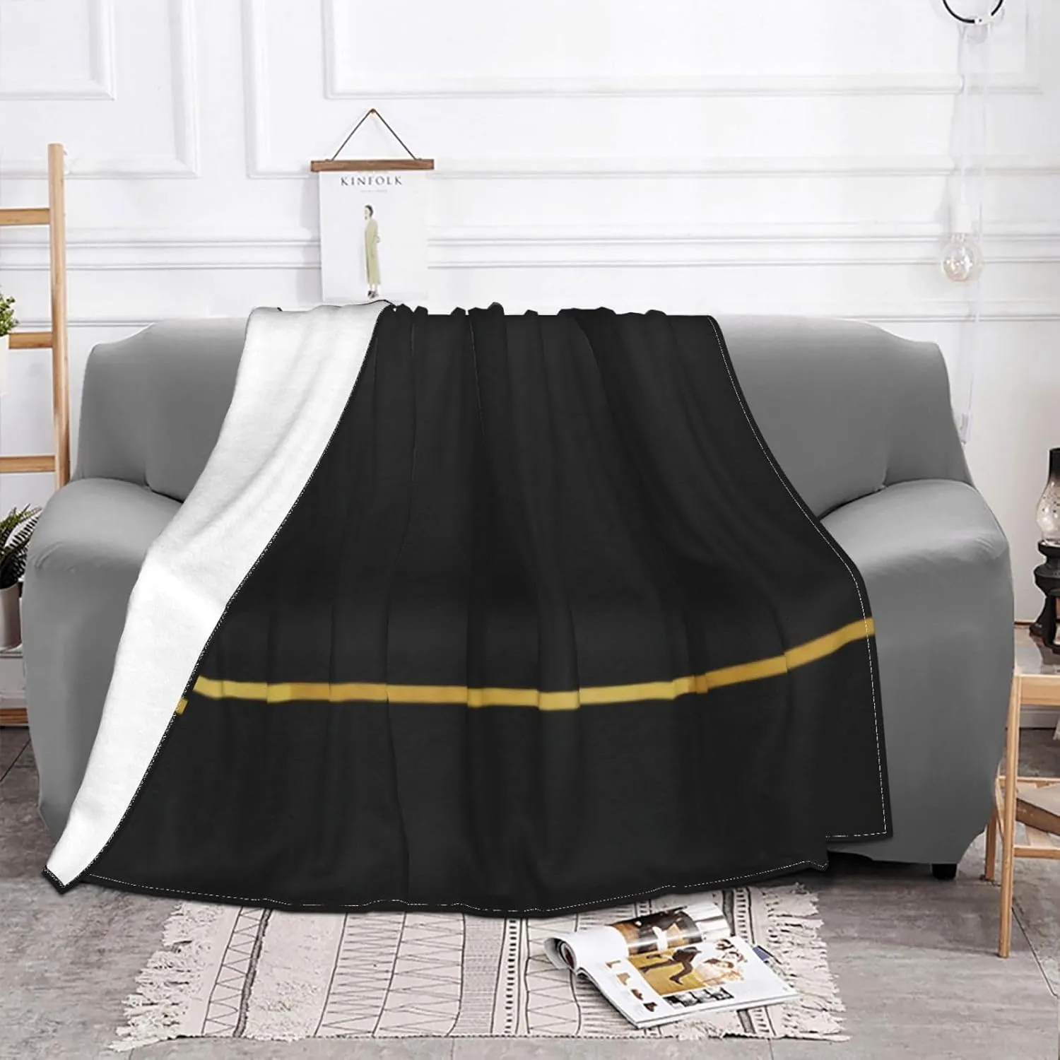Sleek Black with Gold Stripe 60"X50" Flannel Blanket - 100% Soft Polyester, Lightweight and Warm, Suitable for Families, Camping, Travel