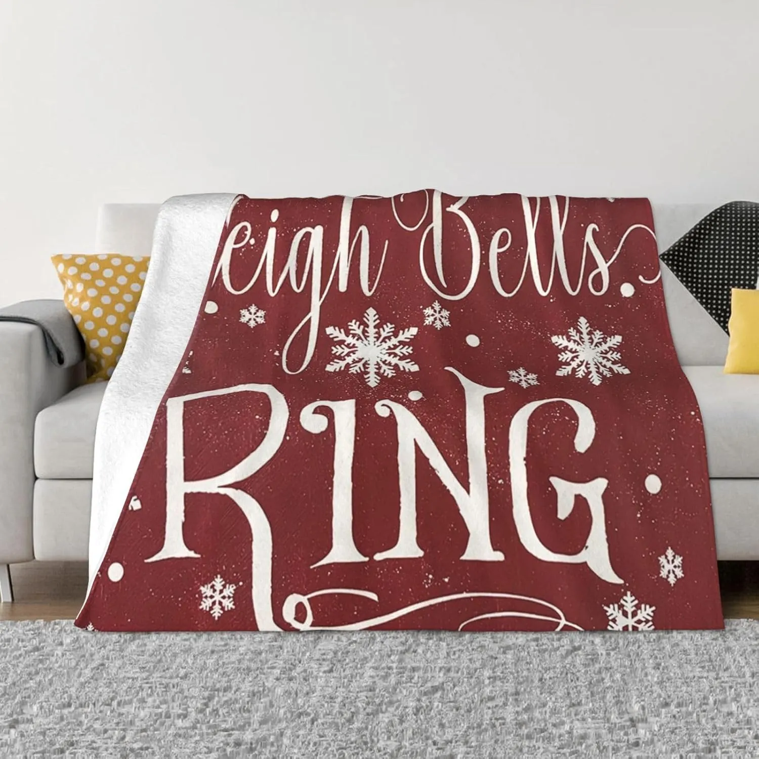 Sleigh Bells Ring Wood Sign 60"X50" Flannel Blanket - 100% Soft Polyester, Lightweight and Warm, Suitable for Families, Camping, Travel