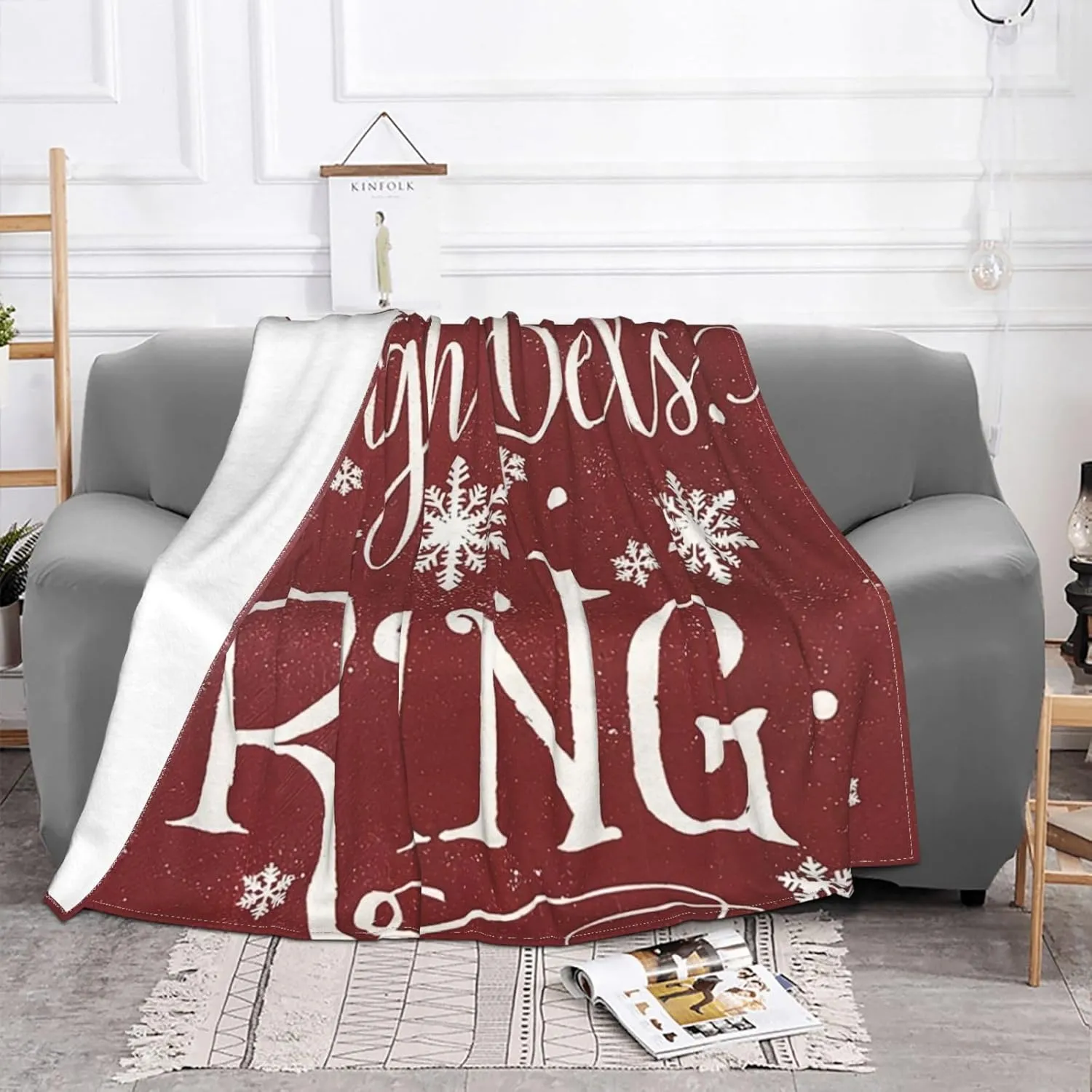 Sleigh Bells Ring Wood Sign 60"X50" Flannel Blanket - 100% Soft Polyester, Lightweight and Warm, Suitable for Families, Camping, Travel
