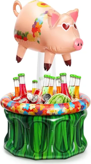 Sliner 35 Inch Luau Pig Inflatable Cooler, Luau Hawaiian Tropical Beach Themed Party Decorations, Blow Up Beverage Cooler Drink Container for Outdoor Summer Pool Party Supplies