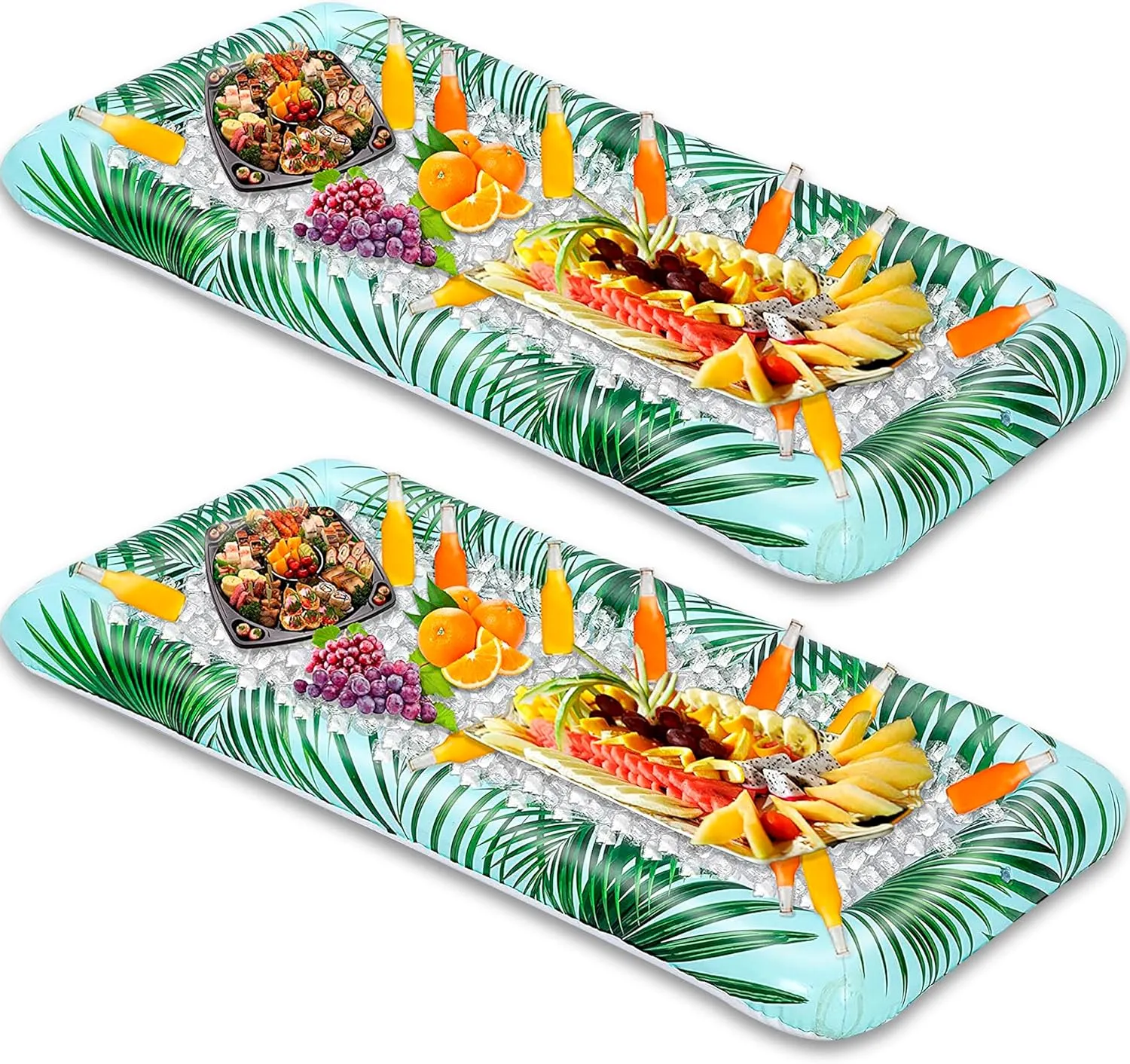 Sloosh 2-Pack Inflatable Serving Bars Cooler - Leaf Pattern Inflatable Cooler Ice Buffet Salad Serving Trays with Drain Plug, Food Drink Cooler for Indoor Outdoor Summer Picnic Pool Beach Luau Party