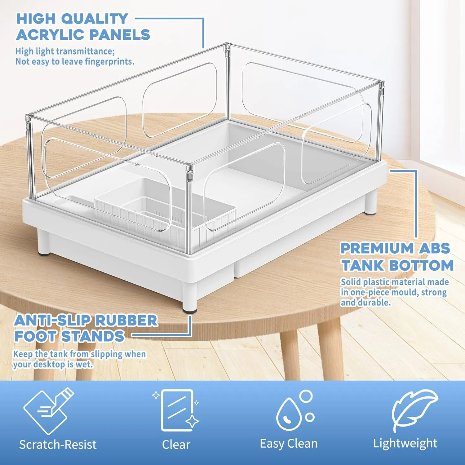 Small Turtle Tank Kit(Tank Light Filter), Acrylic Turtle Tank Starter Kit with Bask Platform, Bottom Drain, Multi-Function Area for Small Reptiles.(White)