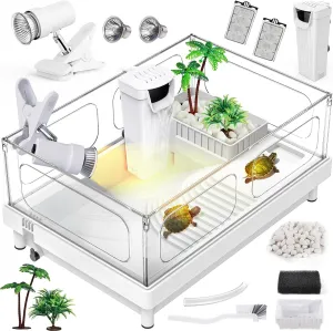 Small Turtle Tank Kit(Tank Light Filter), Acrylic Turtle Tank Starter Kit with Bask Platform, Bottom Drain, Multi-Function Area for Small Reptiles.(White)
