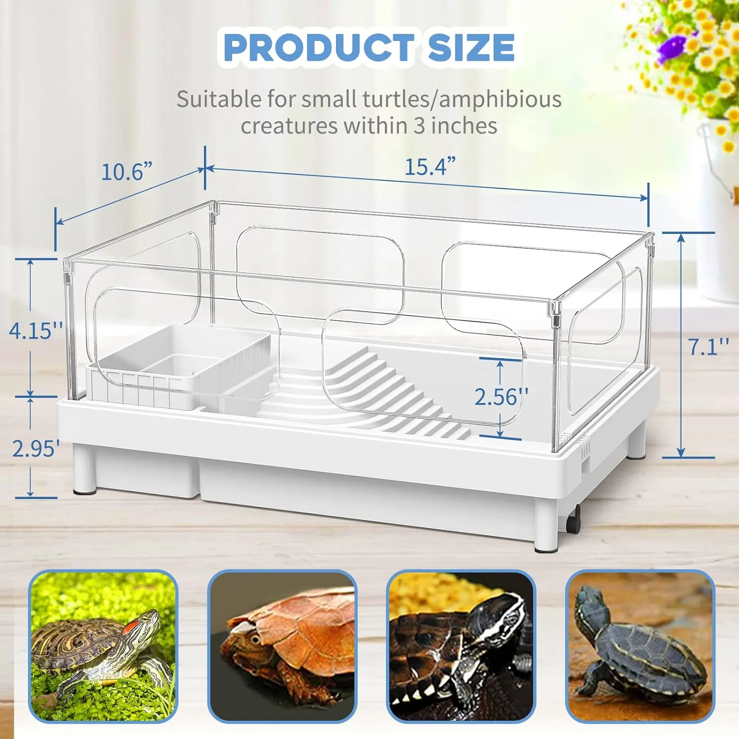 Small Turtle Tank Kit(Tank Light Filter), Acrylic Turtle Tank Starter Kit with Bask Platform, Bottom Drain, Multi-Function Area for Small Reptiles.(White)