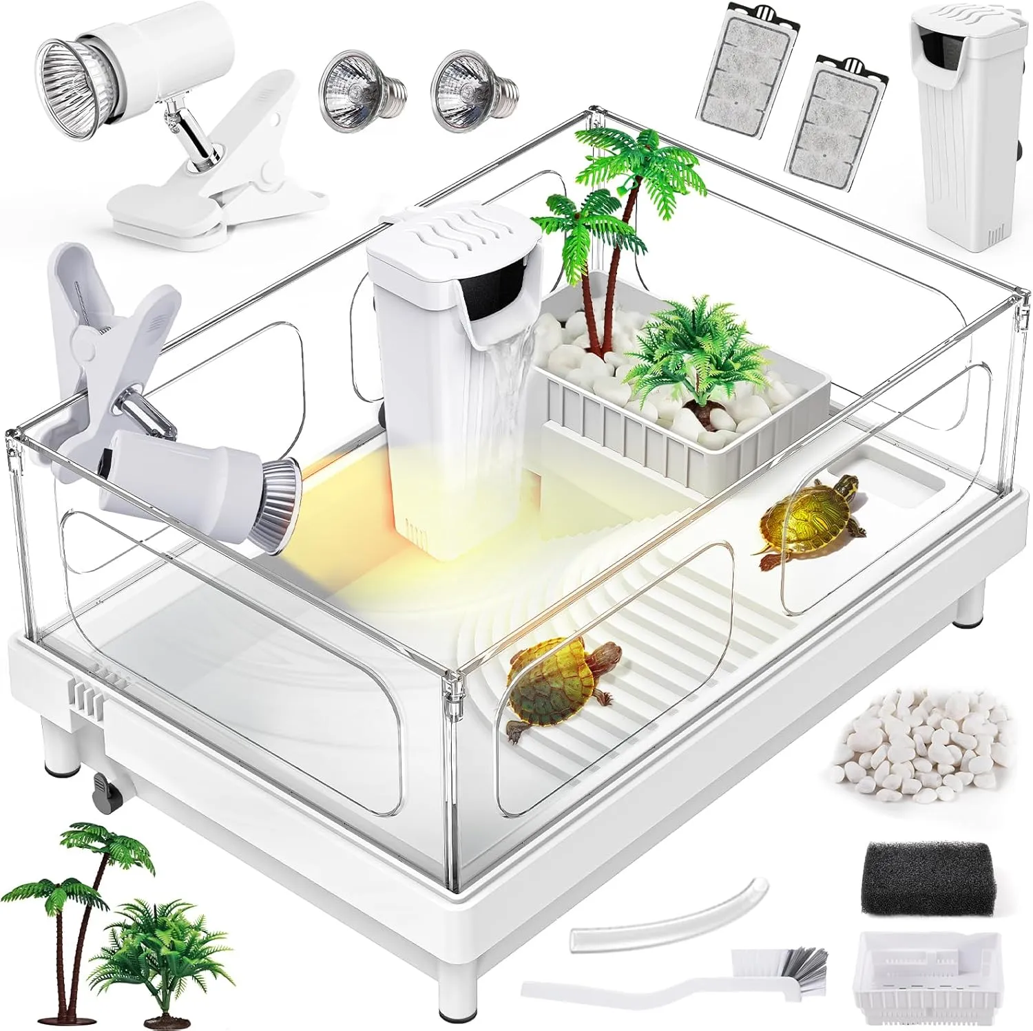 Small Turtle Tank Kit(Tank Light Filter), Acrylic Turtle Tank Starter Kit with Bask Platform, Bottom Drain, Multi-Function Area for Small Reptiles.(White)