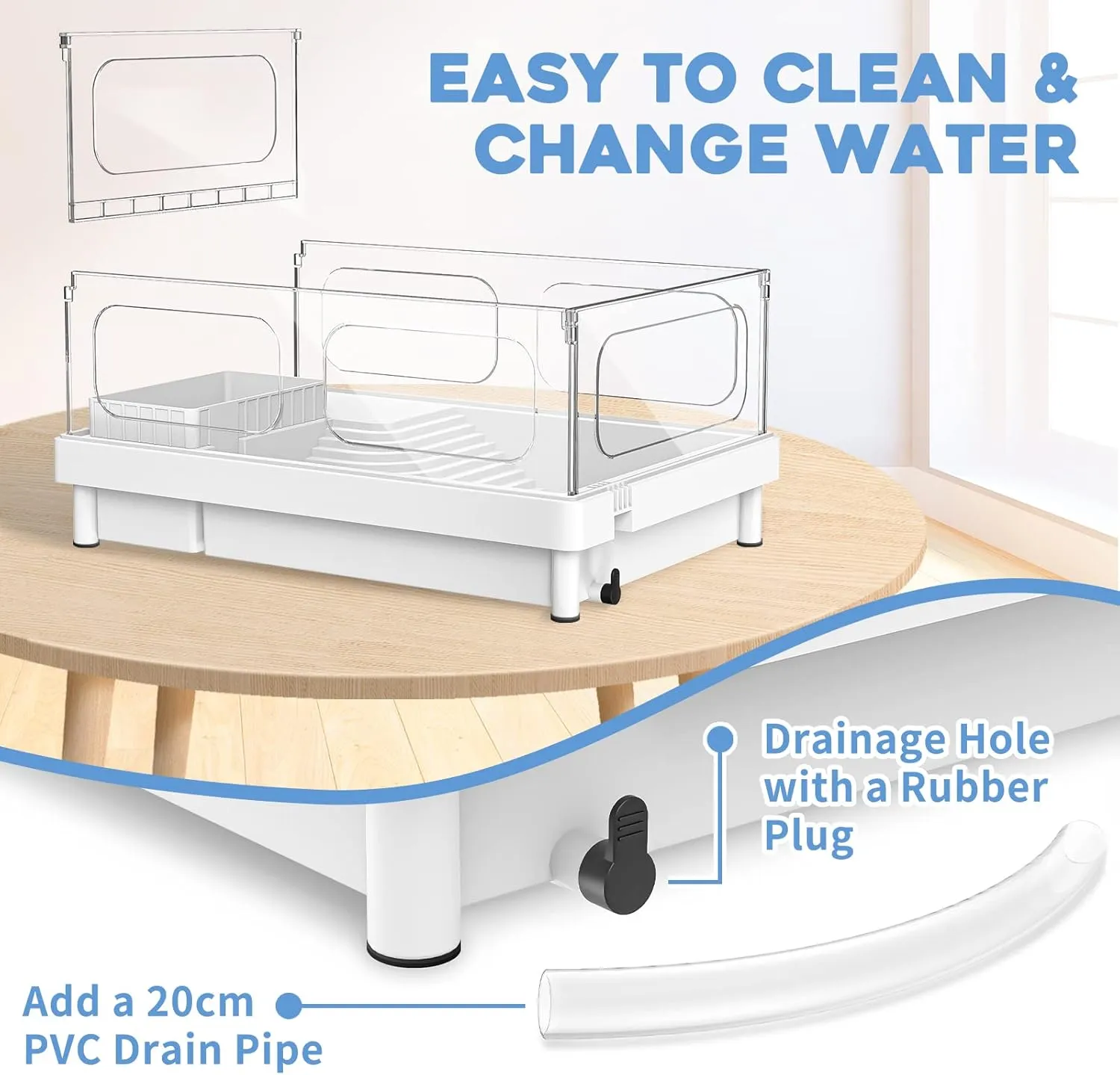 Small Turtle Tank Kit(Tank Light Filter), Acrylic Turtle Tank Starter Kit with Bask Platform, Bottom Drain, Multi-Function Area for Small Reptiles.(White)