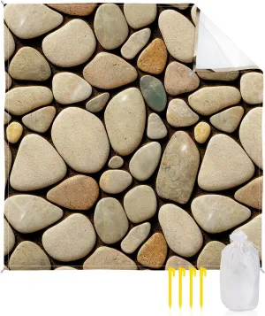 Smile Sunflower Beach Blanket, Natural Riverbed Village Pebbles Brown Beach Mat 83"x79" Large Picnic Blanket,Sandproof Waterproof Outdoor Beach Blankets for Travel Camping Hiking Beach Vacation
