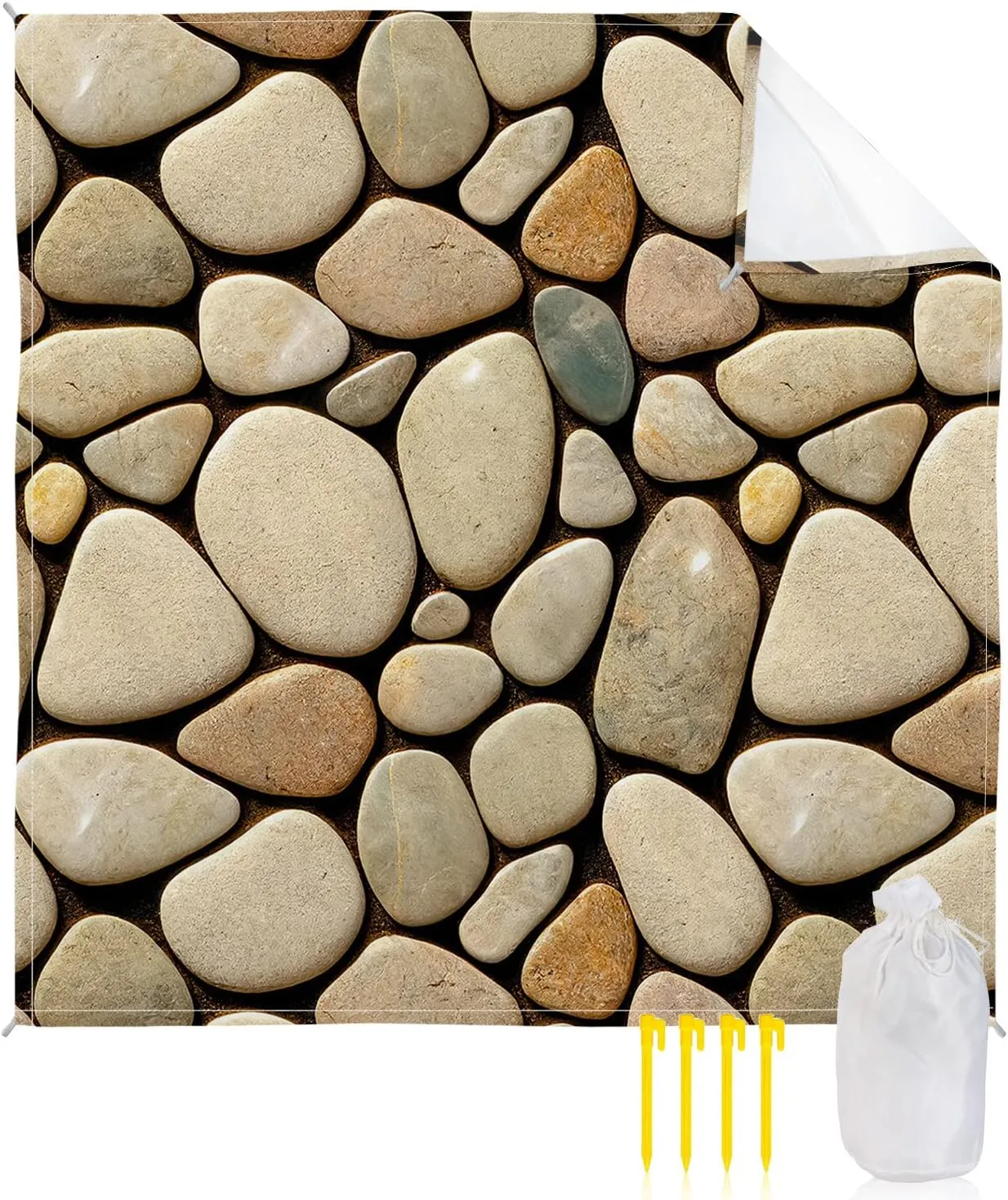 Smile Sunflower Beach Blanket, Natural Riverbed Village Pebbles Brown Beach Mat 83"x79" Large Picnic Blanket,Sandproof Waterproof Outdoor Beach Blankets for Travel Camping Hiking Beach Vacation