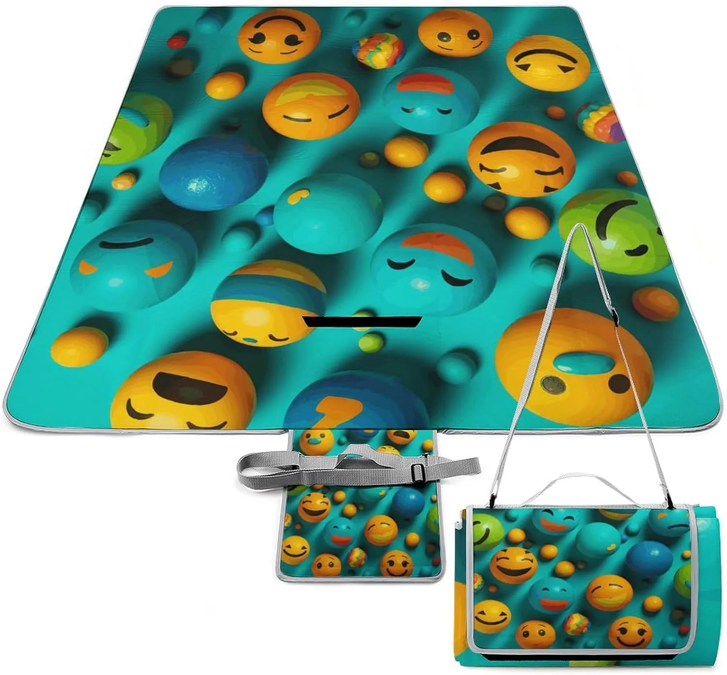 Smiley Face Picnic Blanket Outdoor, Oversized Beach Blanket, Foldable Lightweight Waterproof Sand Cushion Suitable for Beaches, Camping Grasslands Mat