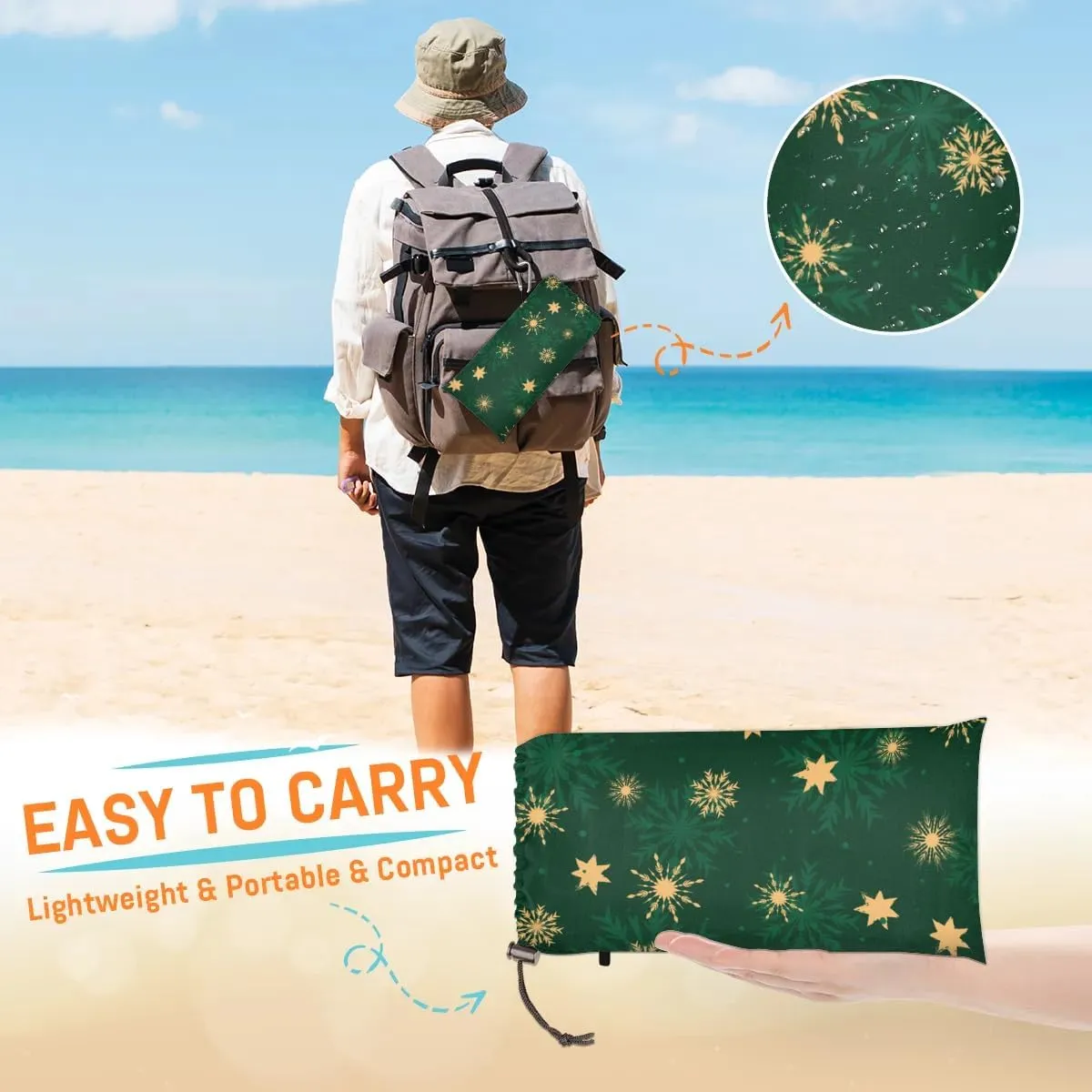 Snowflake Print Beach Blanket, Sandproof Beach Mat, 68 x 59 Waterproof Quick Drying Sand Free Mat with 4 x Ground Spikes for Outdoor Travel Camping Hiking, Christmas