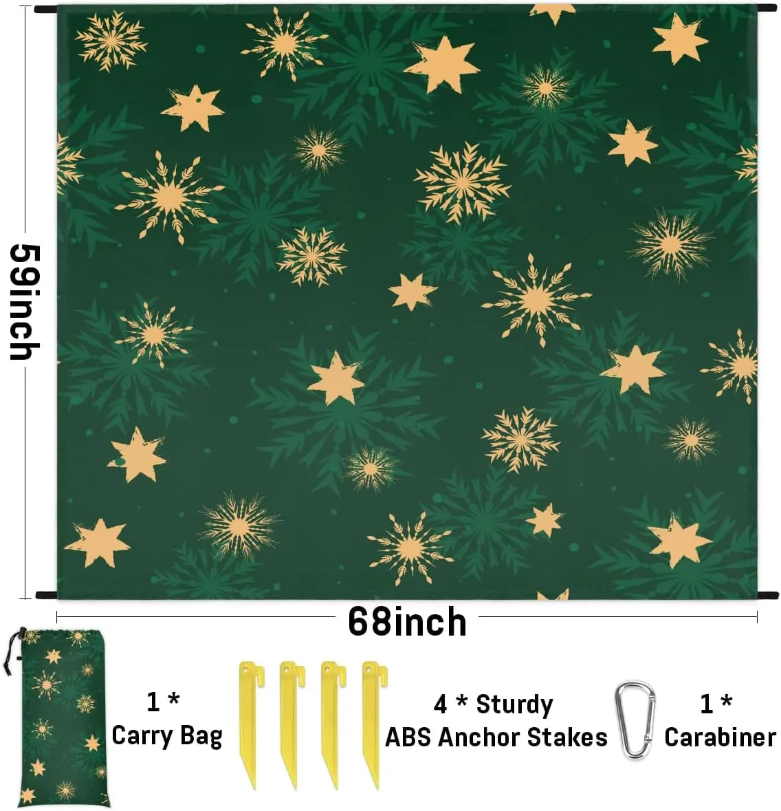 Snowflake Print Beach Blanket, Sandproof Beach Mat, 68 x 59 Waterproof Quick Drying Sand Free Mat with 4 x Ground Spikes for Outdoor Travel Camping Hiking, Christmas