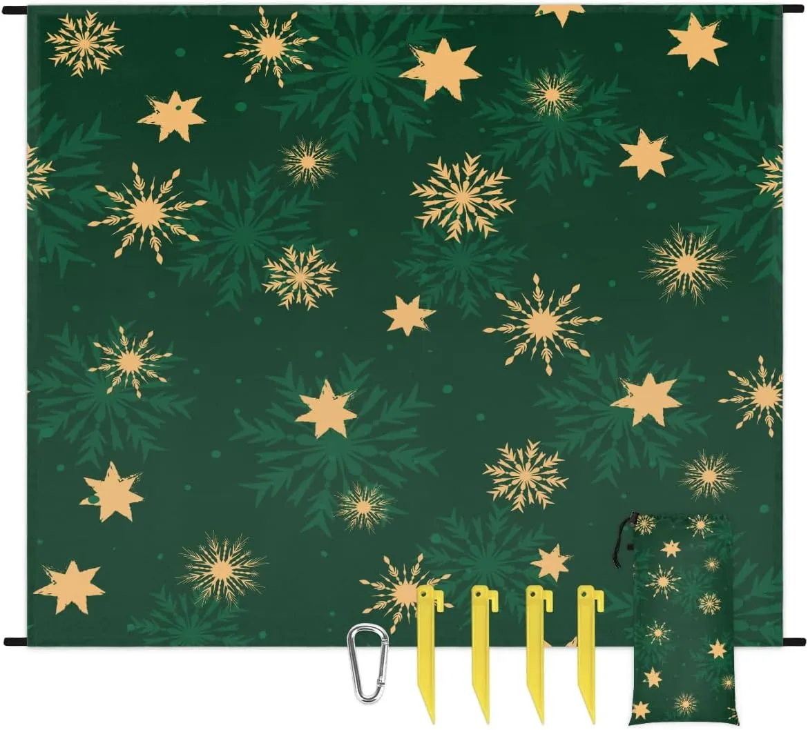 Snowflake Print Beach Blanket, Sandproof Beach Mat, 68 x 59 Waterproof Quick Drying Sand Free Mat with 4 x Ground Spikes for Outdoor Travel Camping Hiking, Christmas