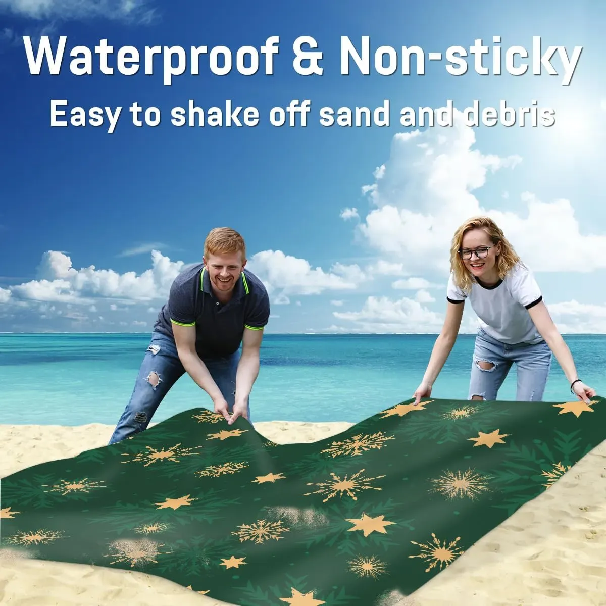Snowflake Print Beach Blanket, Sandproof Beach Mat, 68 x 59 Waterproof Quick Drying Sand Free Mat with 4 x Ground Spikes for Outdoor Travel Camping Hiking, Christmas