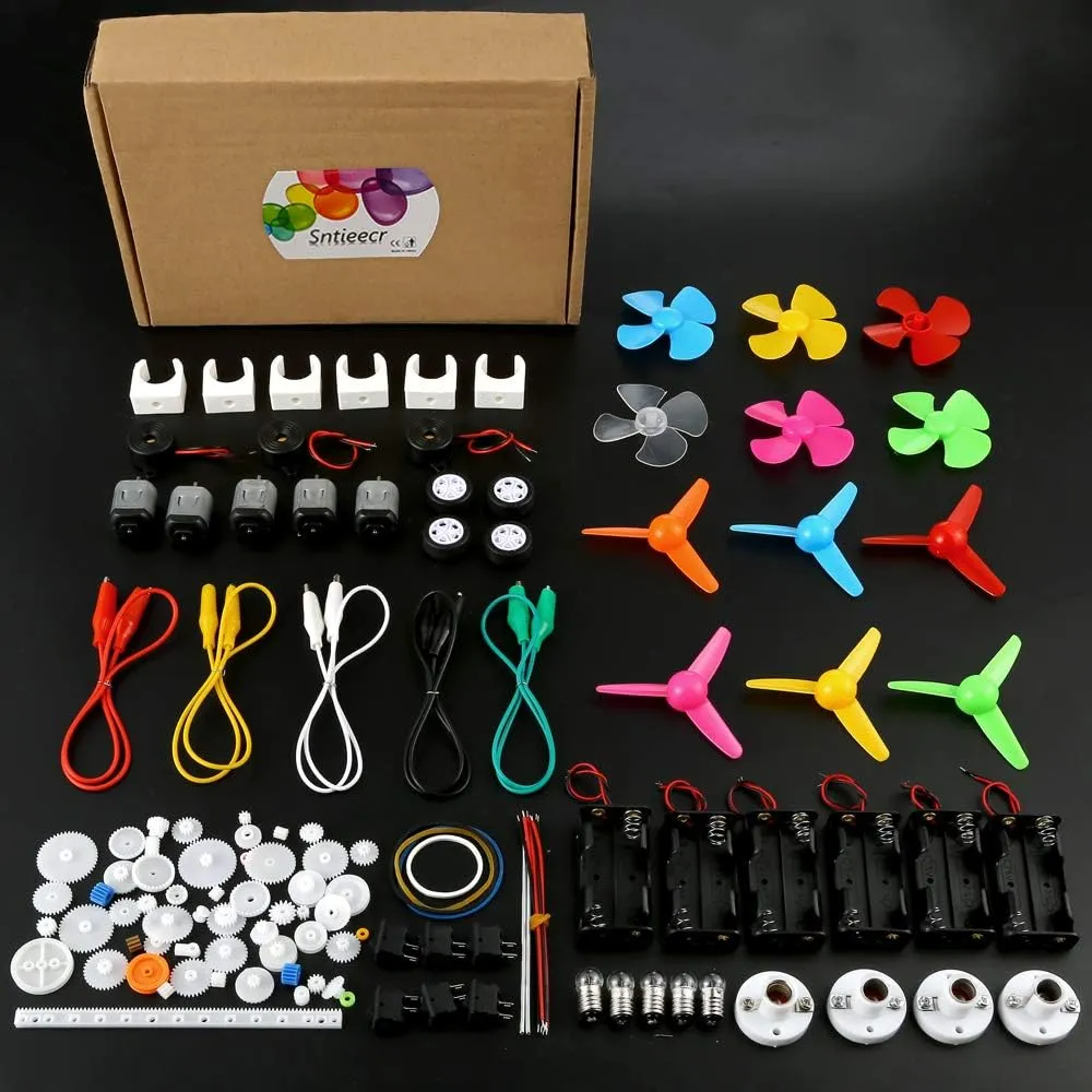 Sntieecr 6 Set 131 PCS DC Motors Kit, Mini Electric Motor 1.5-3V 15000RPM with 66 PCS Plastic Gears, Shaft Propeller, Bulbs, Buzzer Sounder, Science Experiment Set for Kid DIY STEM Engineering Project