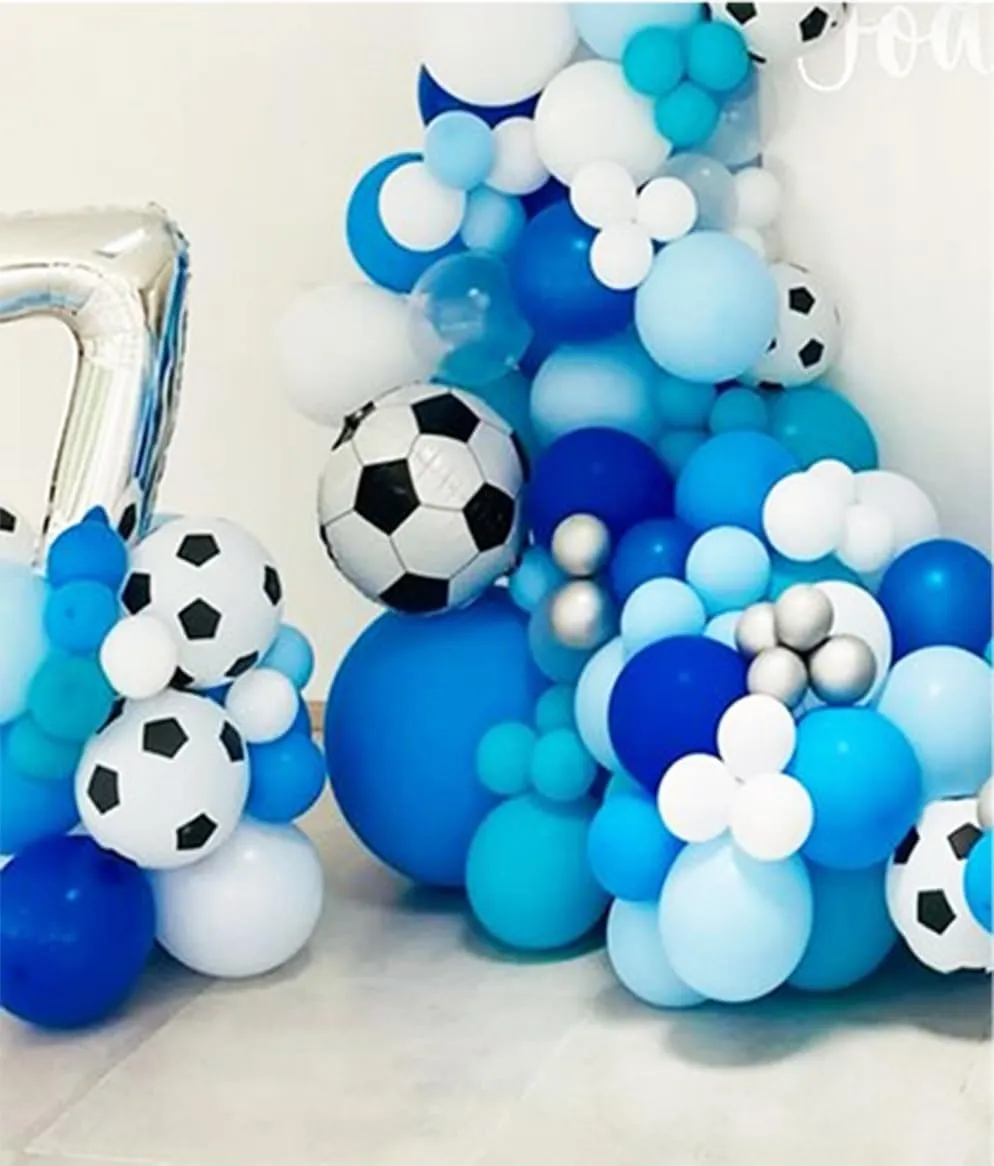 Soccer Balloon Arch Kit with 4D Football Foil Balloons, Royal Blue, White, Metallic Silver Latex Balloons for Baby Shower, Birthday, Soccer, Football Party Decorations